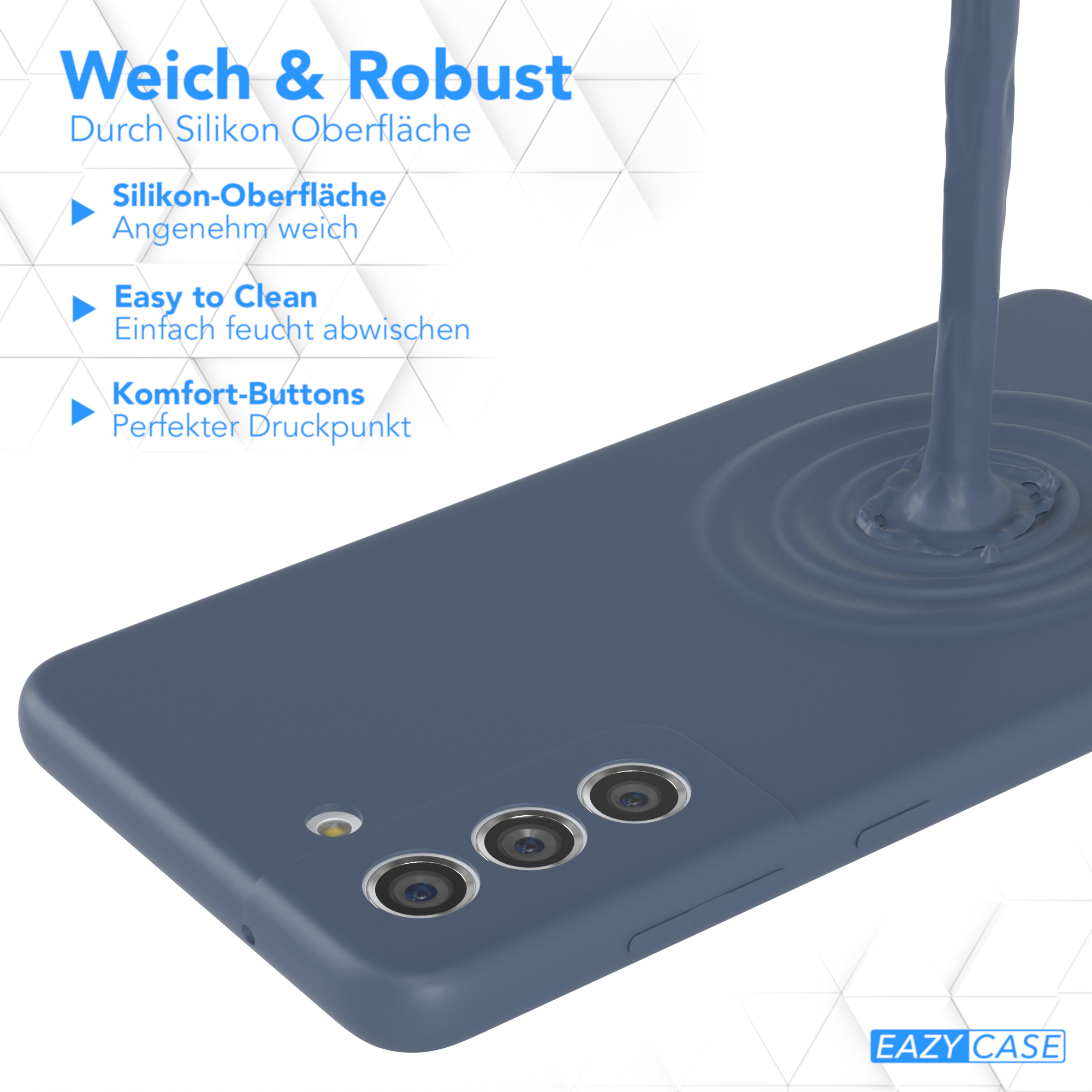 Blaue Handyhülle mit Flüssigkeit, die darauf gegossen wird, weißer Hintergrund und Produktetiketten.