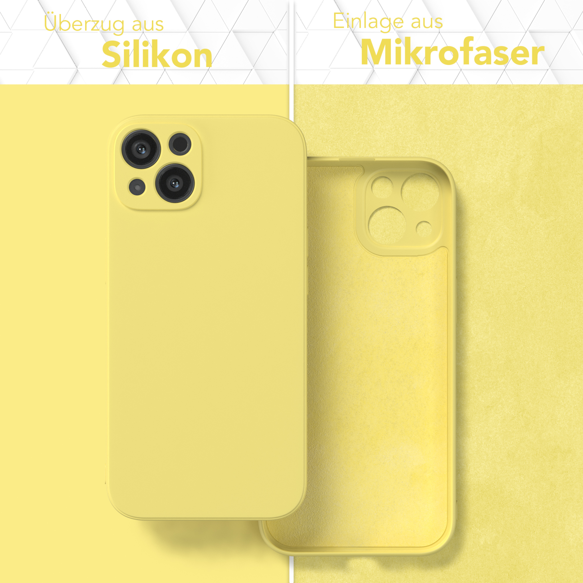 Gelbe Handyhülle, links gelbes Silikon, rechts gelbes Mikrofaser. Text sagt Silikon und Mikrofaser.