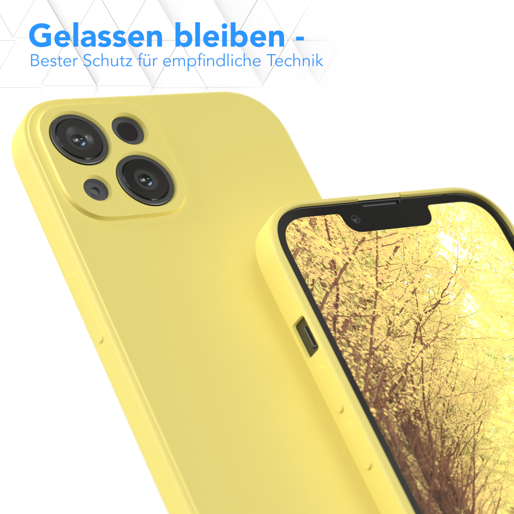 Eine gelbe Handyhülle mit einem Telefon, Text über Schutz.