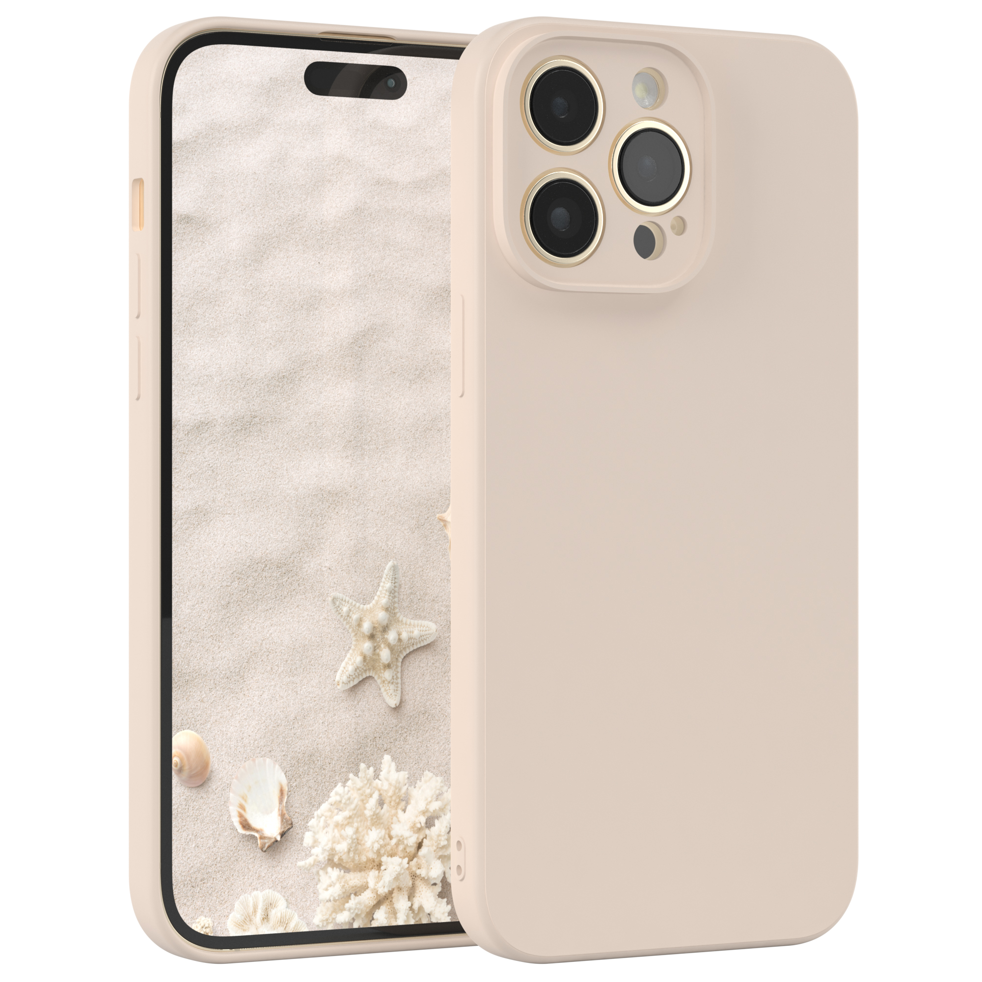 Beige Handyhülle und Telefon mit Strandbild auf dem Bildschirm.