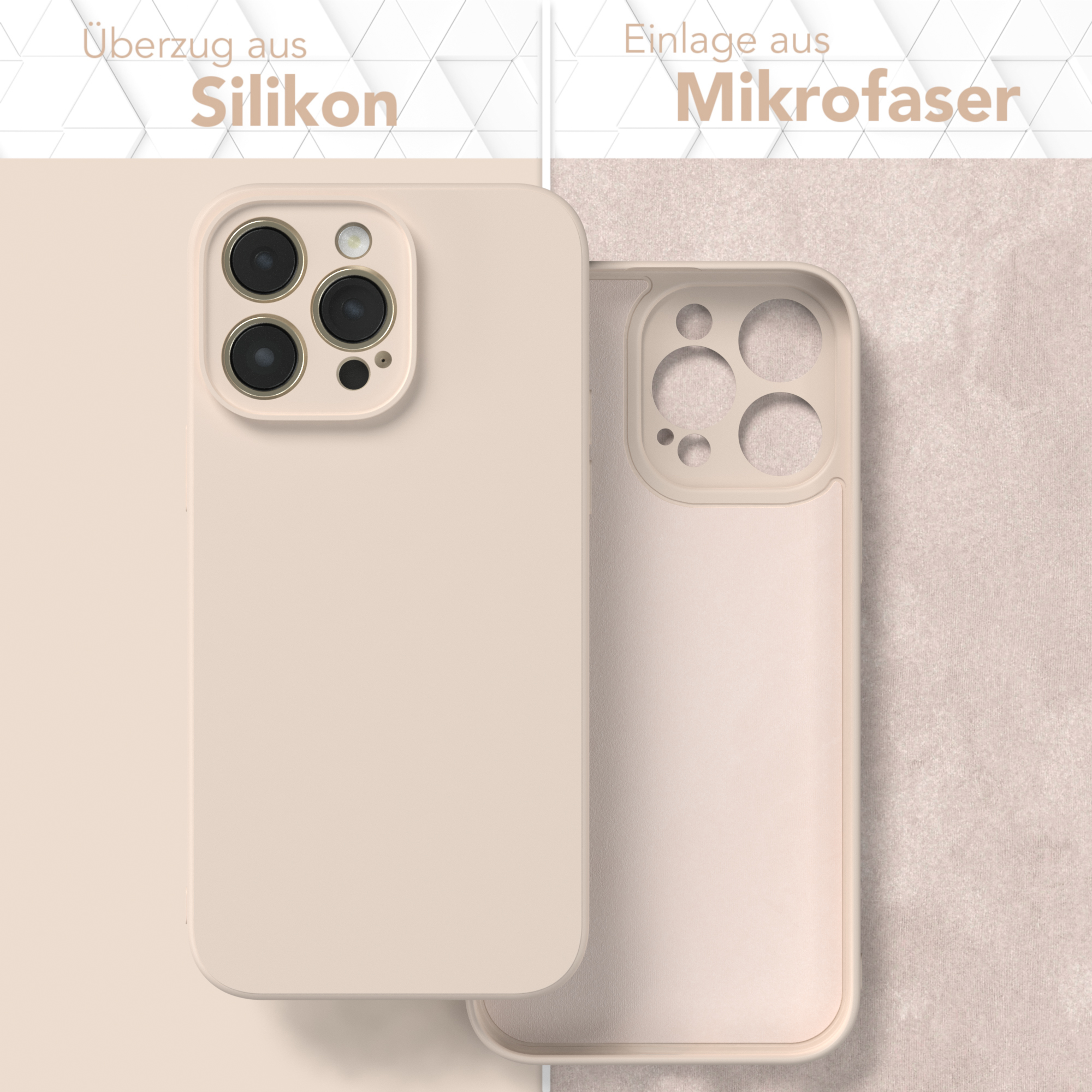 Beige Handyhülle und Innenteil. Der Text lautet 'Silikon' und 'Mikrofaser'.