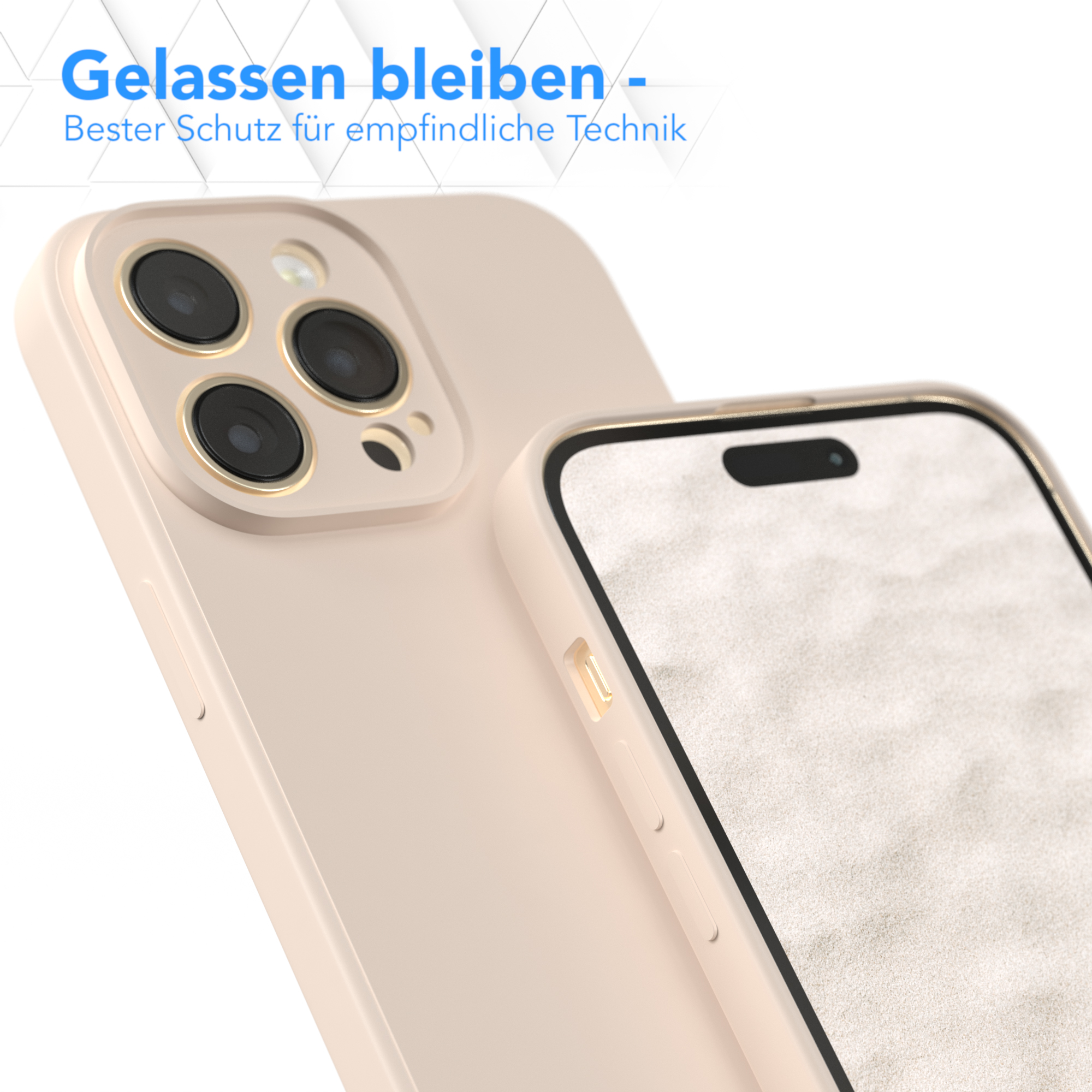 Beige Handyhülle neben Telefon. Text: 'Entspannt bleiben - Bester Schutz für empfindliche Technik'.
