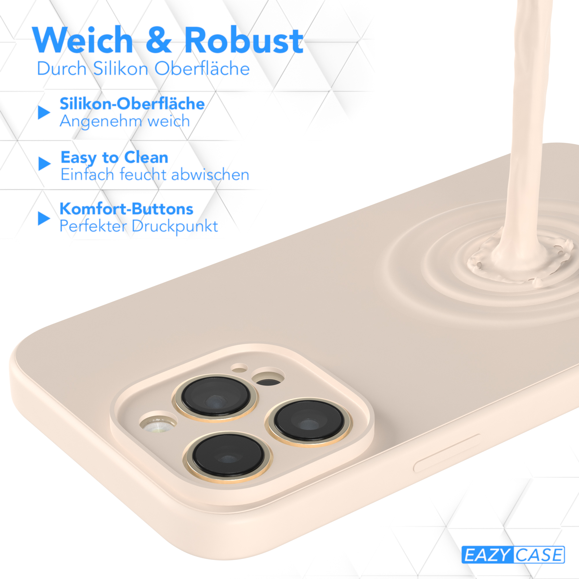 Beige Handyhülle mit Kameraausschnitten. Flüssigkeit wird darauf gegossen. Text: Weich & Robust.