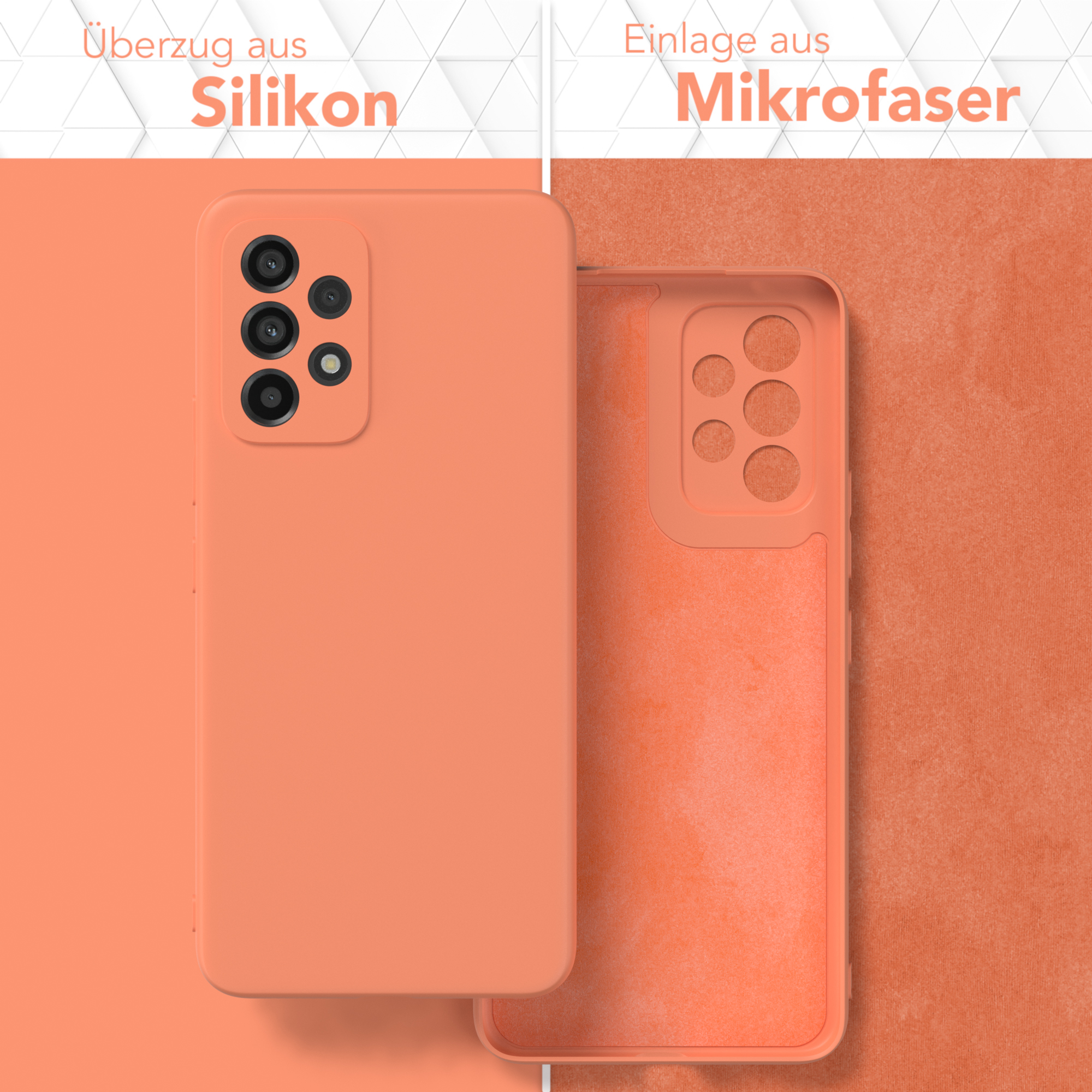 Orangefarbene Handyhülle und ihr Inneres. Der Text weist darauf hin, dass sie aus Silikon und Mikrofaser besteht.