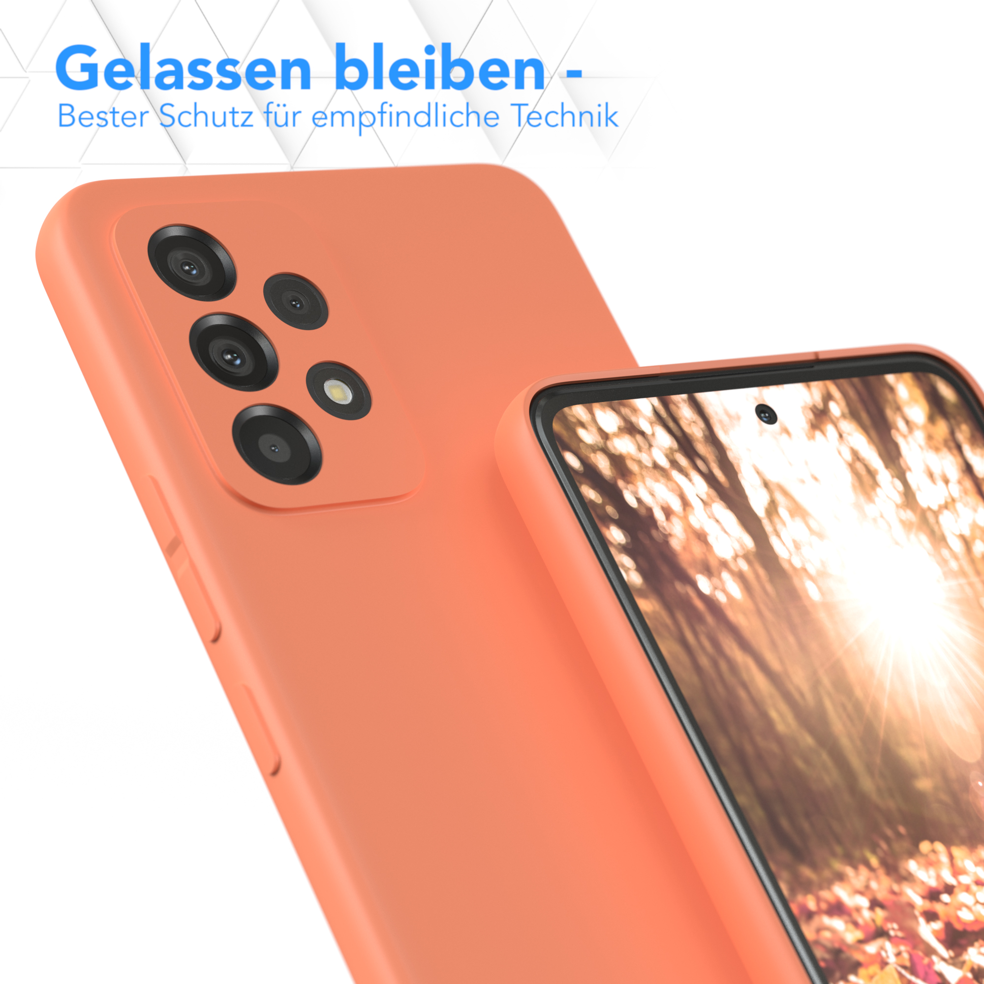 Zwei orangefarbene Handyhüllen. Eine ist angewinkelt, die andere ist im Fokus. Text steht über den Hüllen.