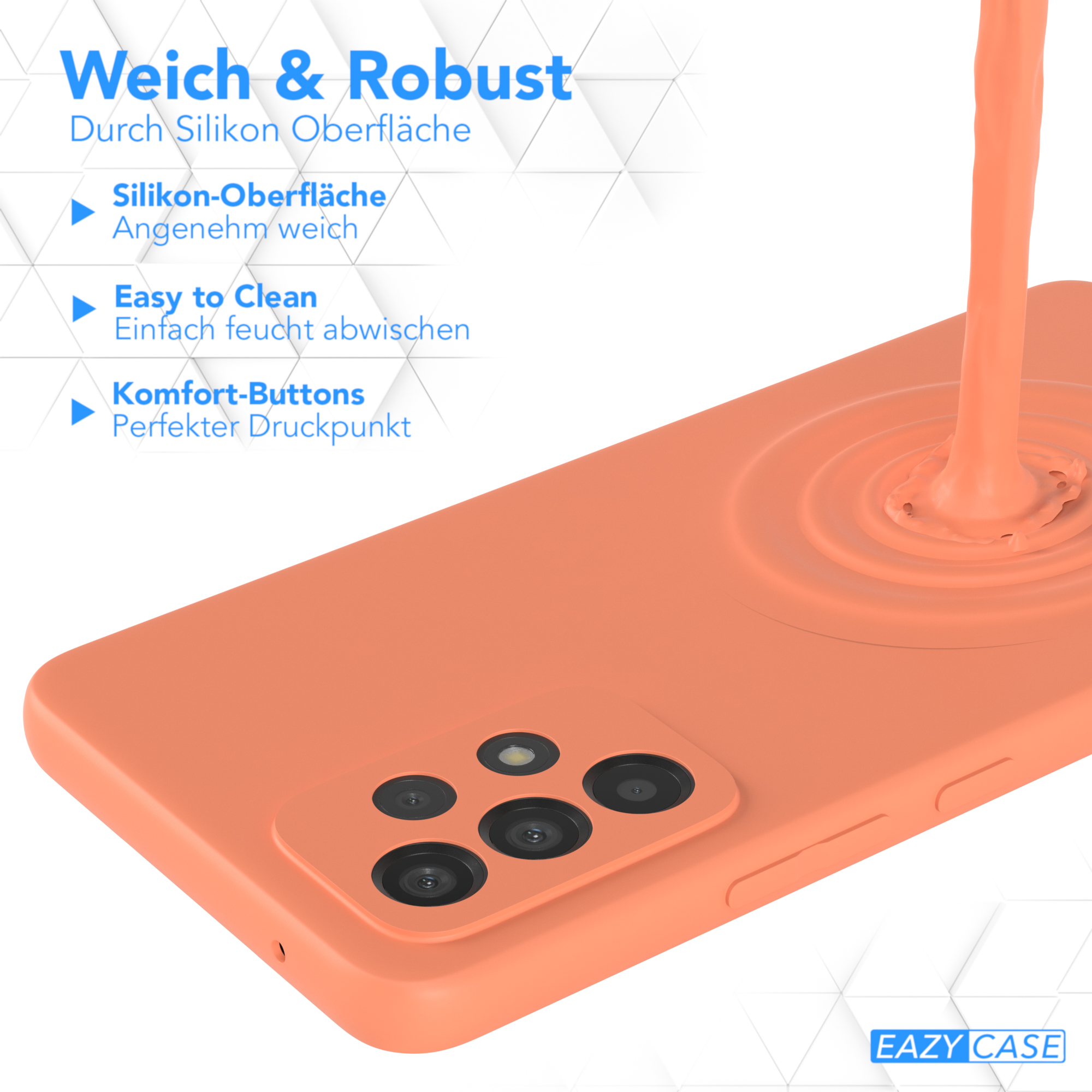 Orange Handyhülle mit orangener Flüssigkeit, die darauf gegossen wird. Text: Weich & Robust.