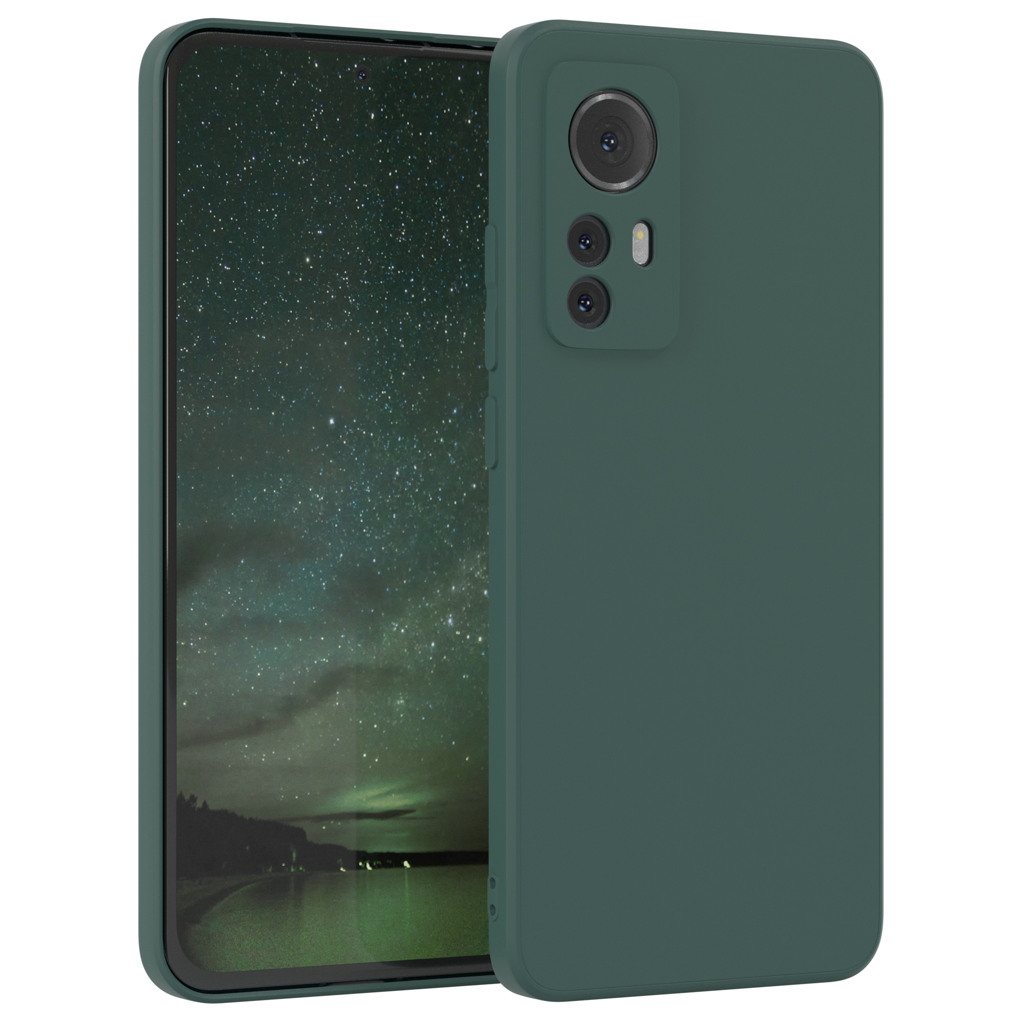 Dunkelgrüne Handyhülle mit Telefon. Zwei Kameras auf der Rückseite.
