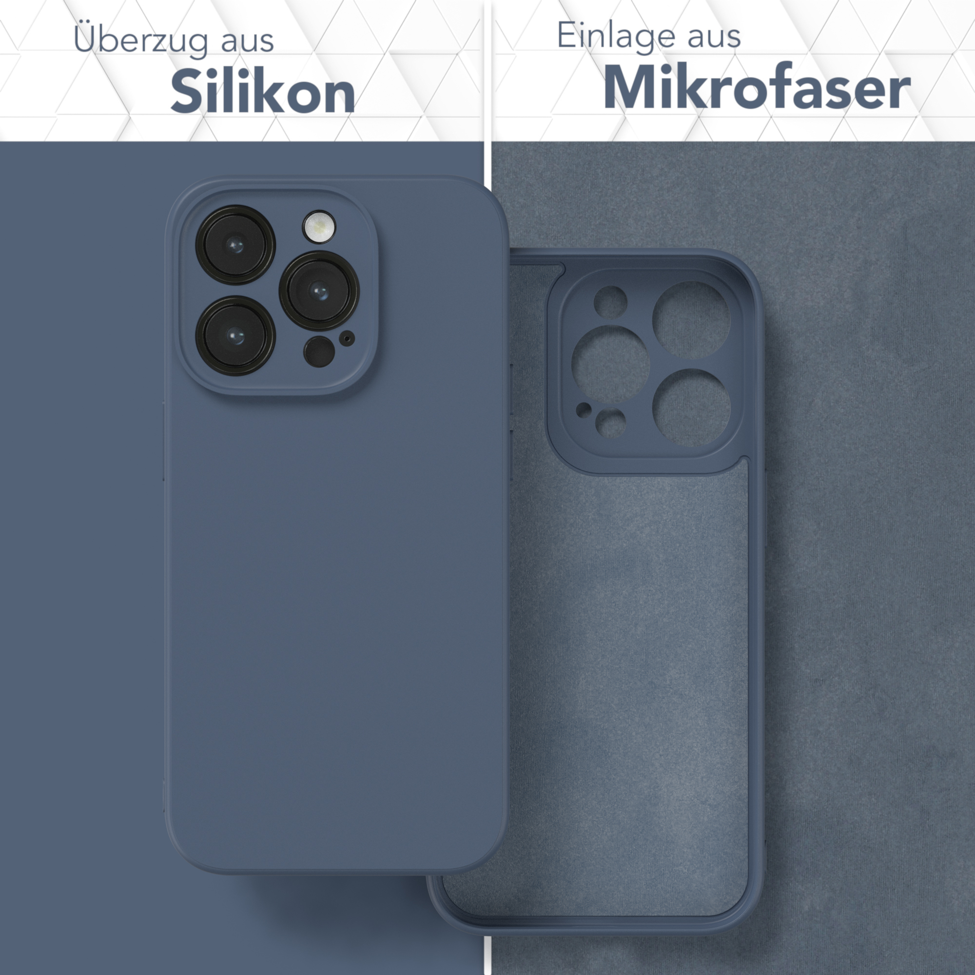 Zweiteilige Handyhülle. Ein Teil ist Silikon, der andere Mikrofaser. Beide sind blau.