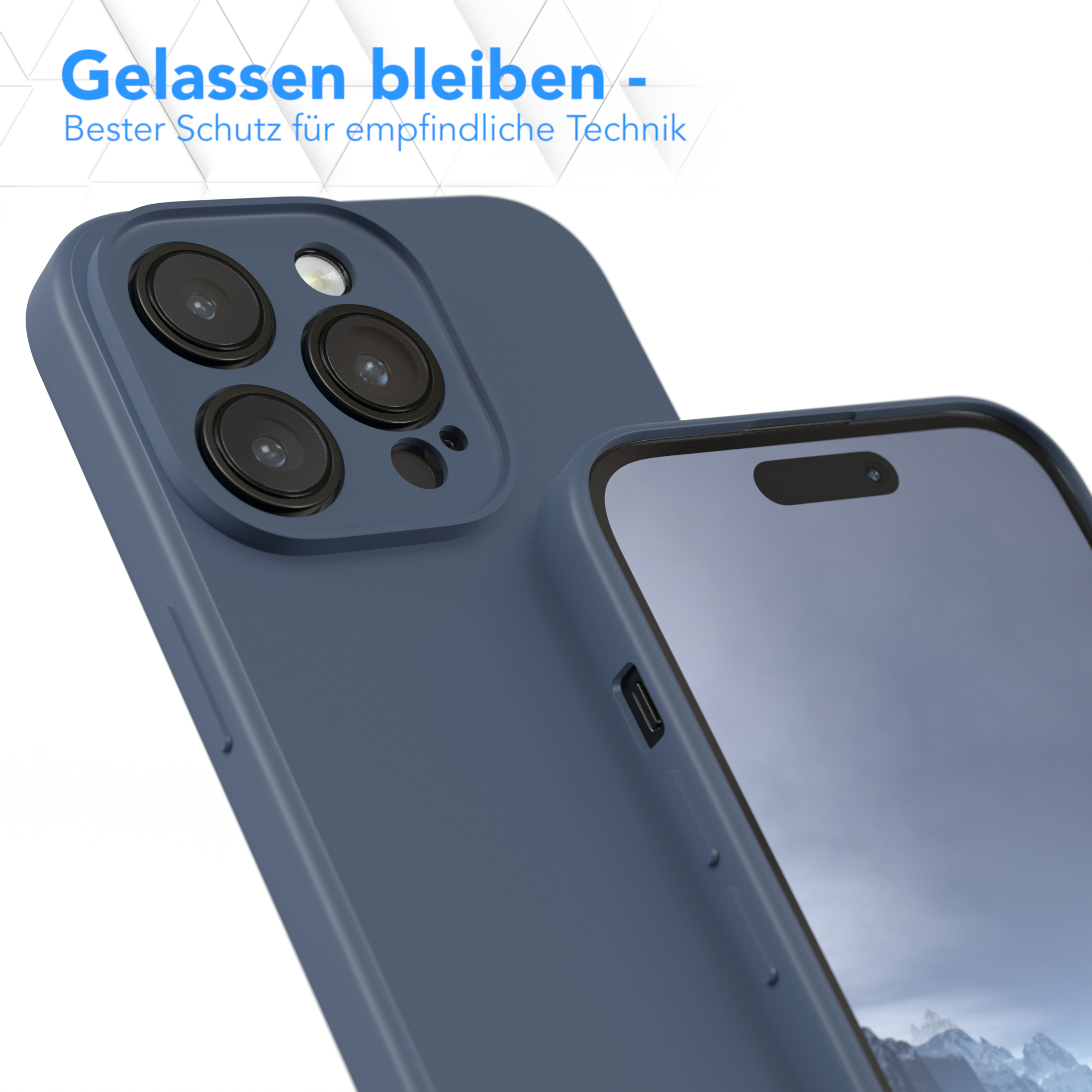 Eine Handyhülle und ein Telefon. Das Telefon zeigt einen Bildschirm. Text: 'Gelassen bleiben'.