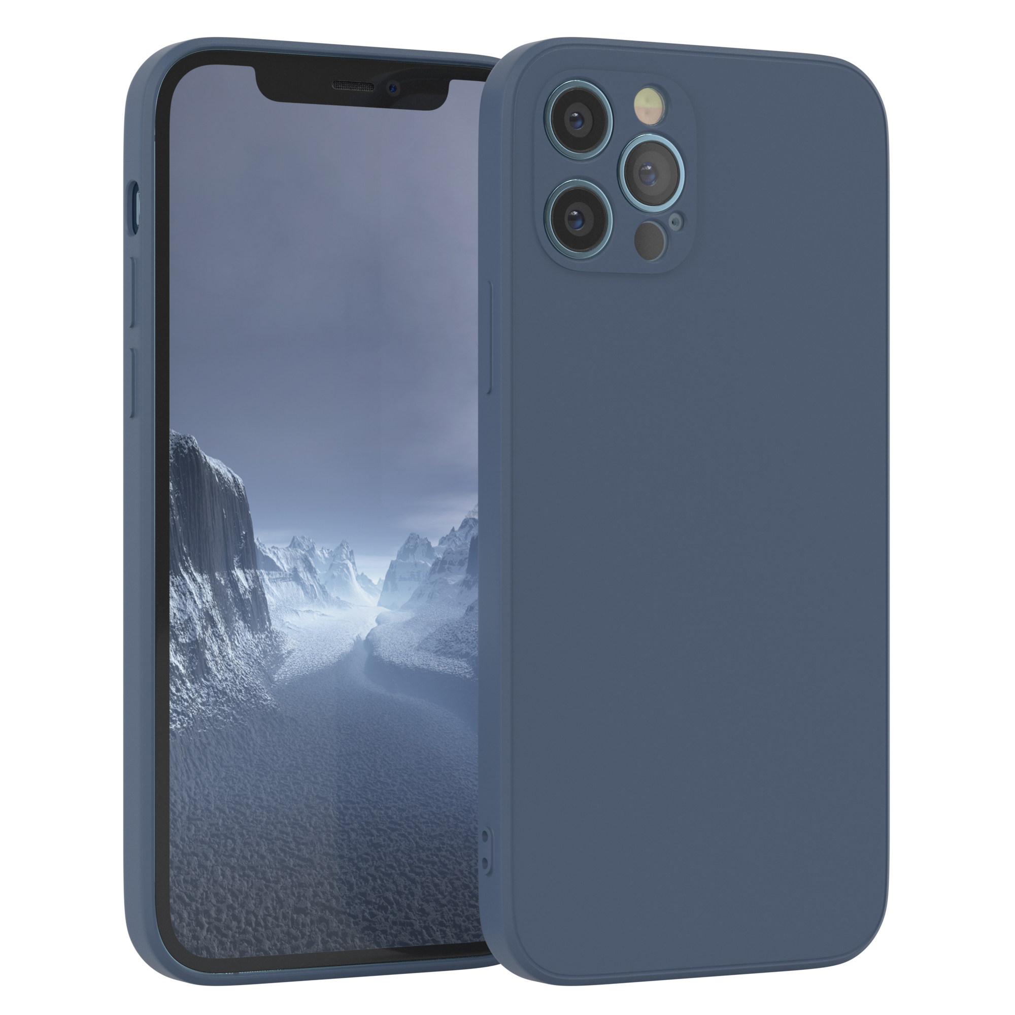 Ein blaues Telefon in einer Hülle mit einem Landschaftsbild auf dem Bildschirm.