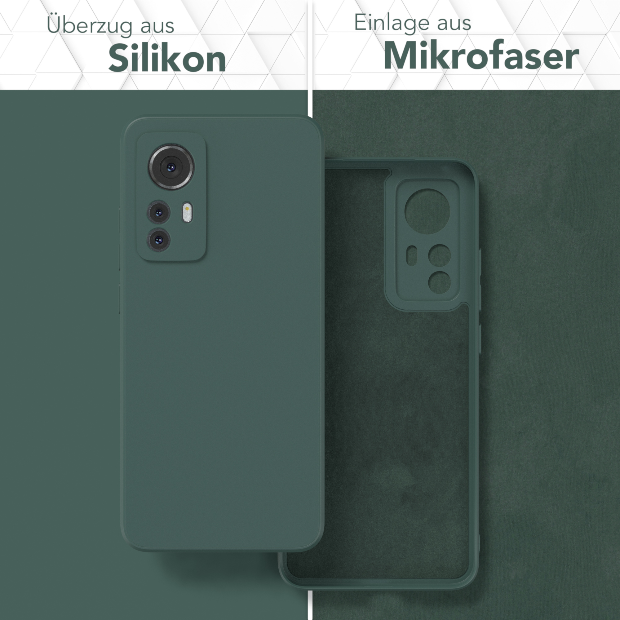 Zwei Handyhüllen, eine grün, eine klar, zeigen ein Telefon. Text: Silikonhülle und Mikrofaser.