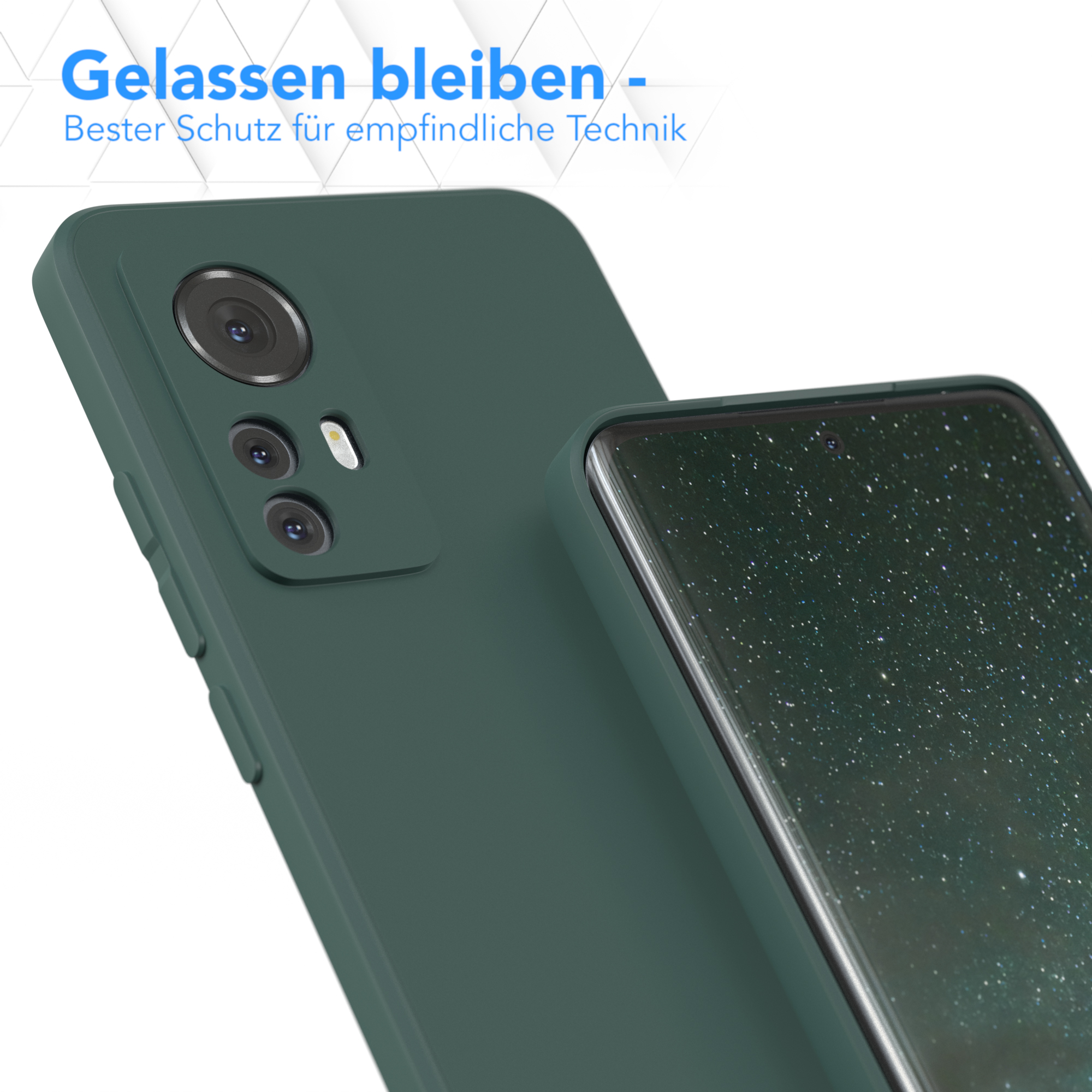 Dunkelgrüne Handyhülle über einem Telefon, Text oben. Hintergrund ist hellblau.