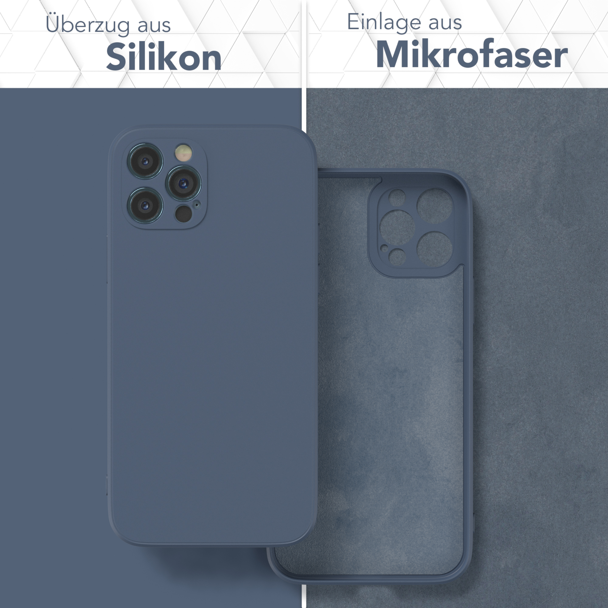 Zwei Handyhüllen, eine blau, eine transparent, und ein blauer Hintergrund.
