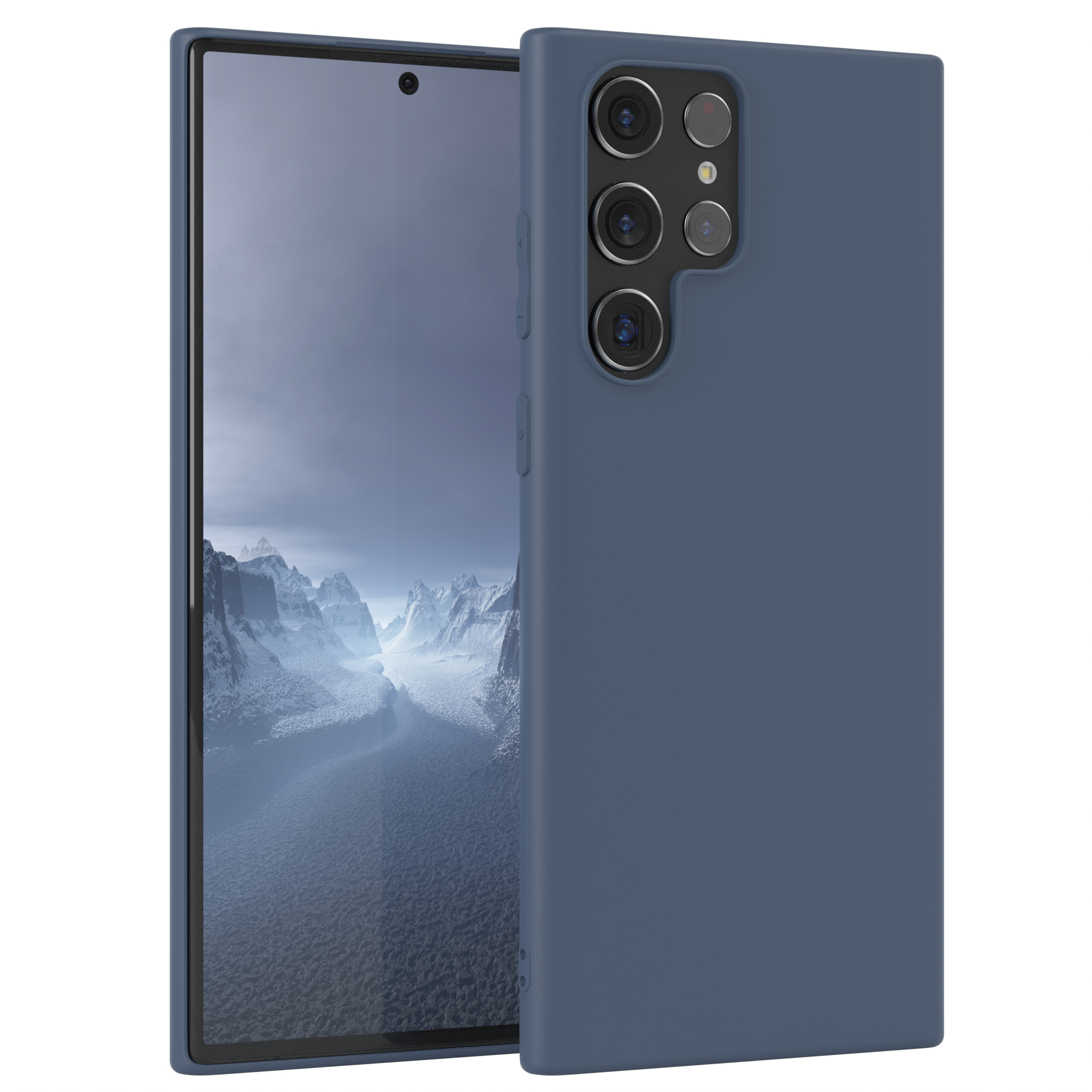 Blaue Handyhülle auf Weiß. Telefon mit drei Kameras, Bildschirm zeigt Landschaft.