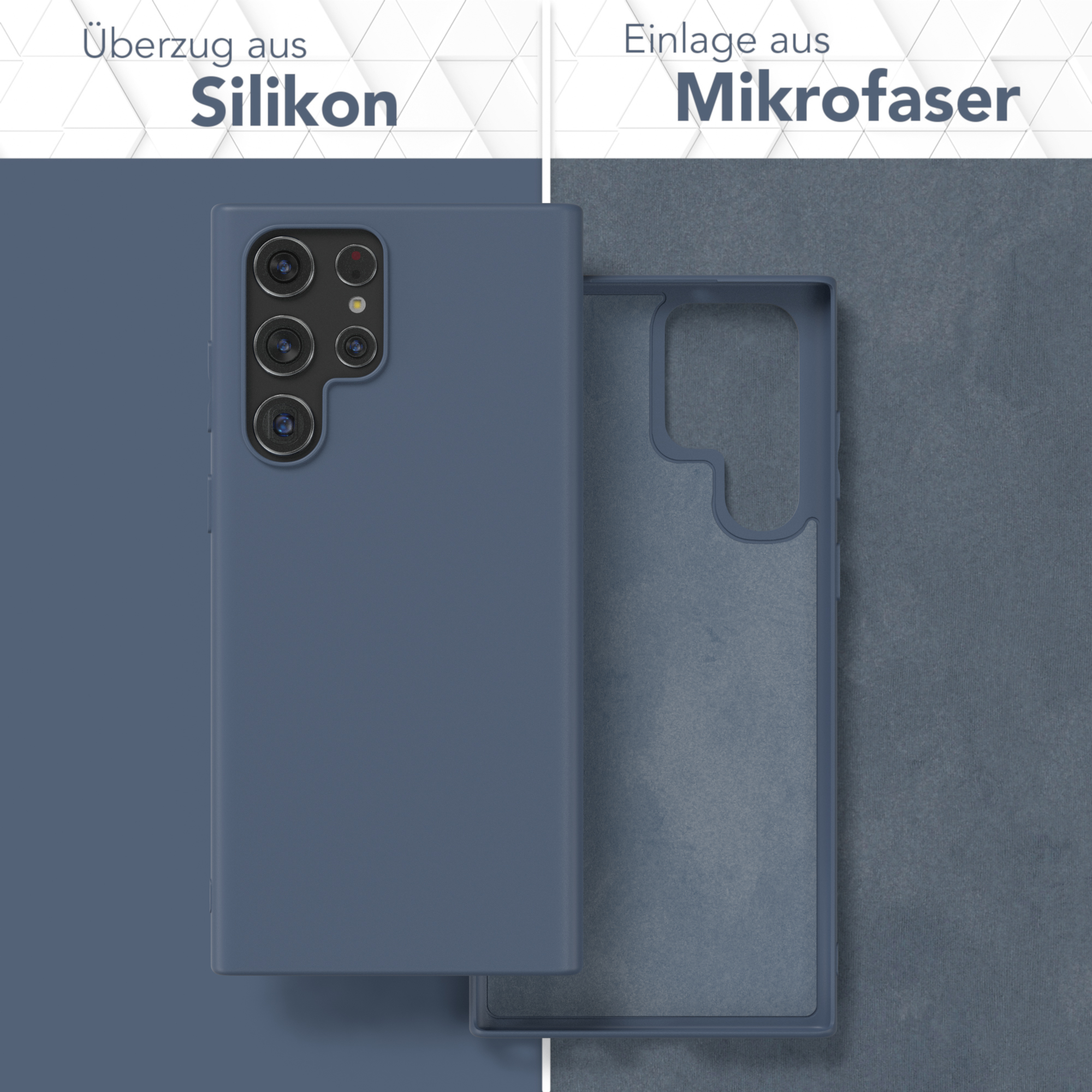 Eine blaue Handyhülle mit Silikon- und Mikrofaserlagen. Text: Überzug aus Silikon, Einlage aus Mikrofaser.