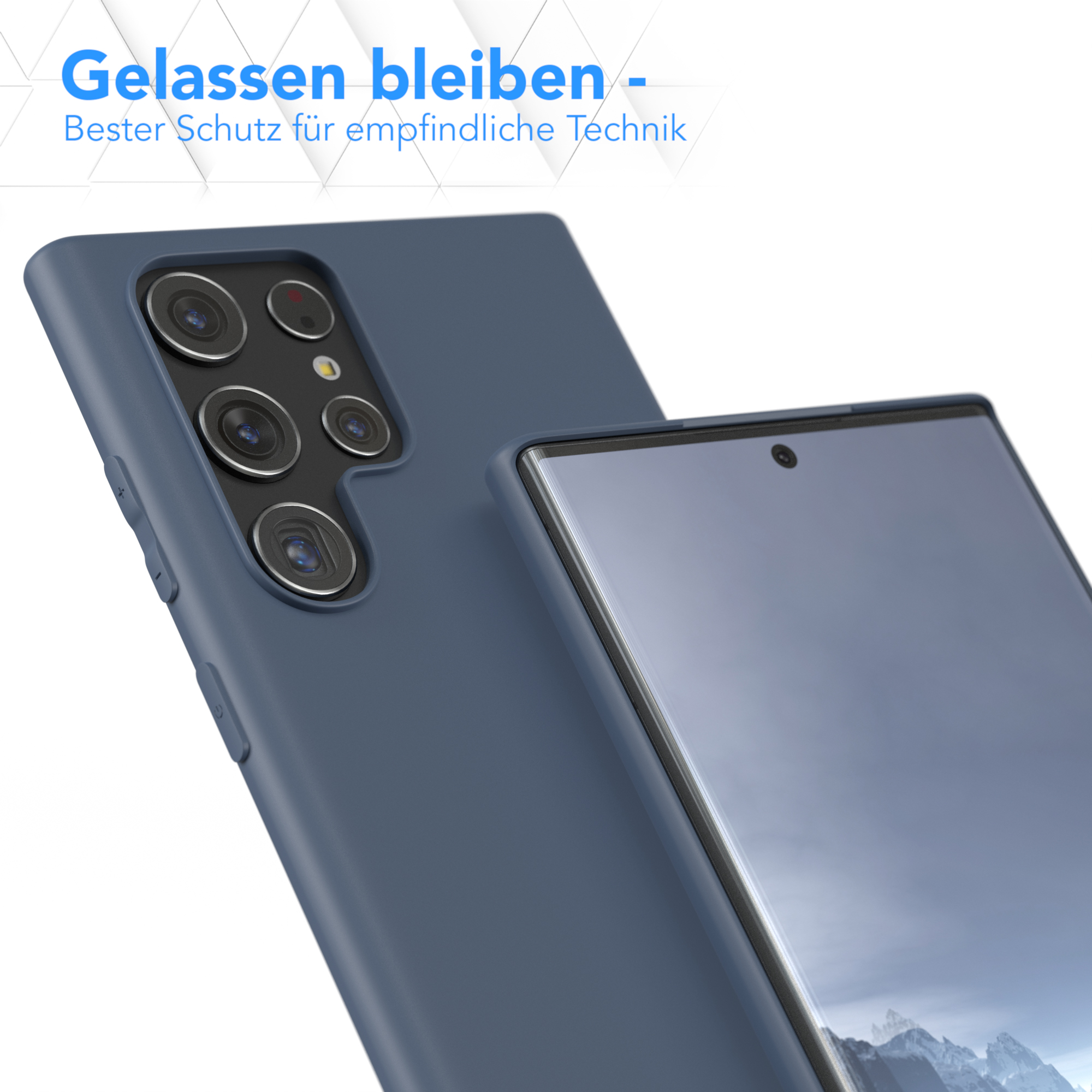 Dunkelblaue Handyhülle mit einem Telefon darin. Nahaufnahme.