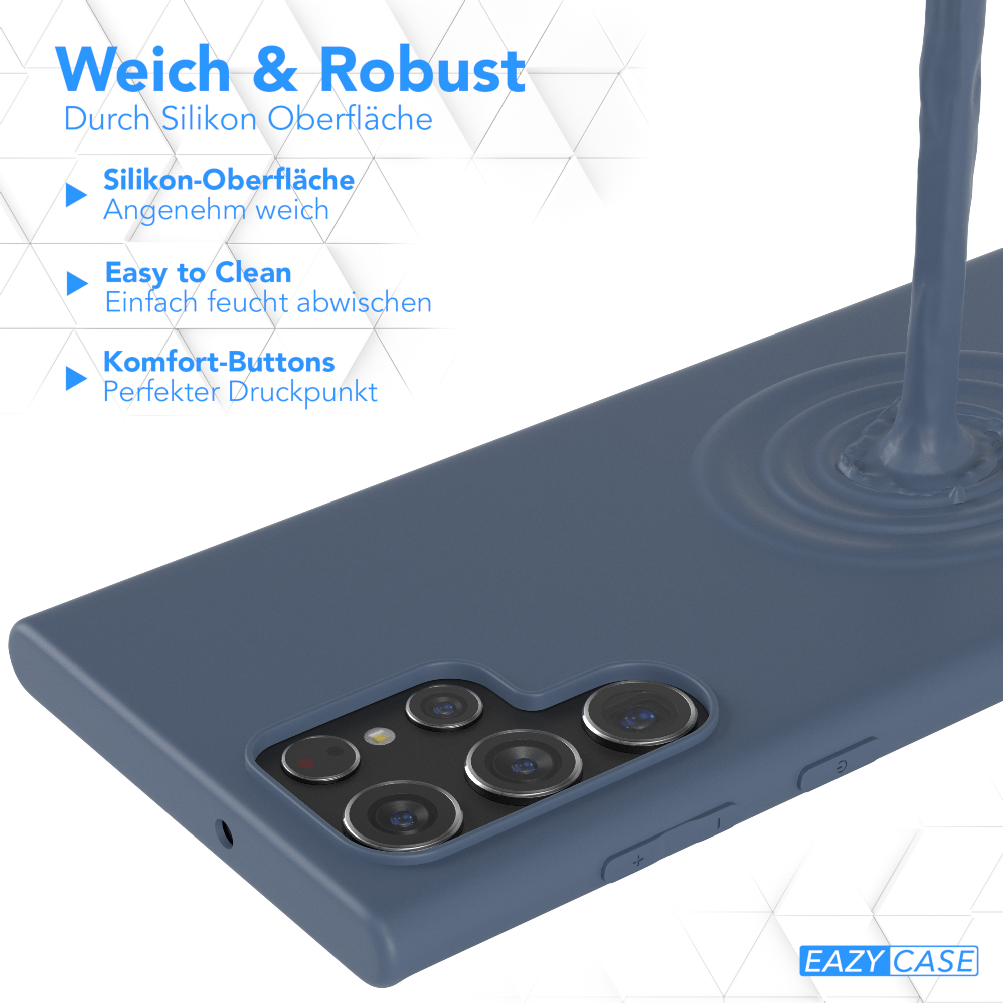 Ein Telefongehäuse wird mit Flüssigkeit in Blau über eine helle Oberfläche gegossen, mit deutschem Text.