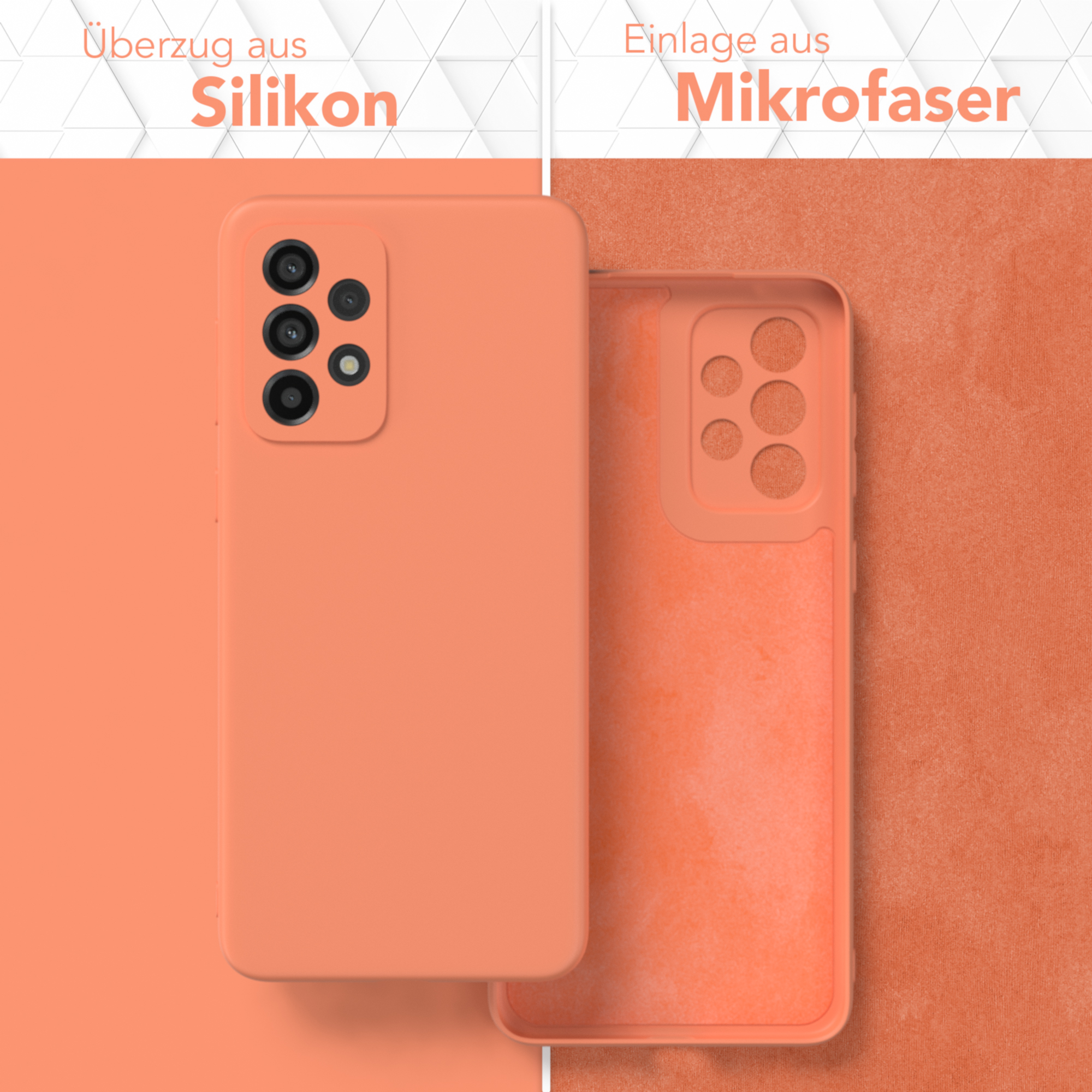 Zwei orangefarbene Handyhüllen mit Text: 'Silikonhülle' und 'Mikrofaser-Einsatz' auf orangefarbenem Hintergrund.