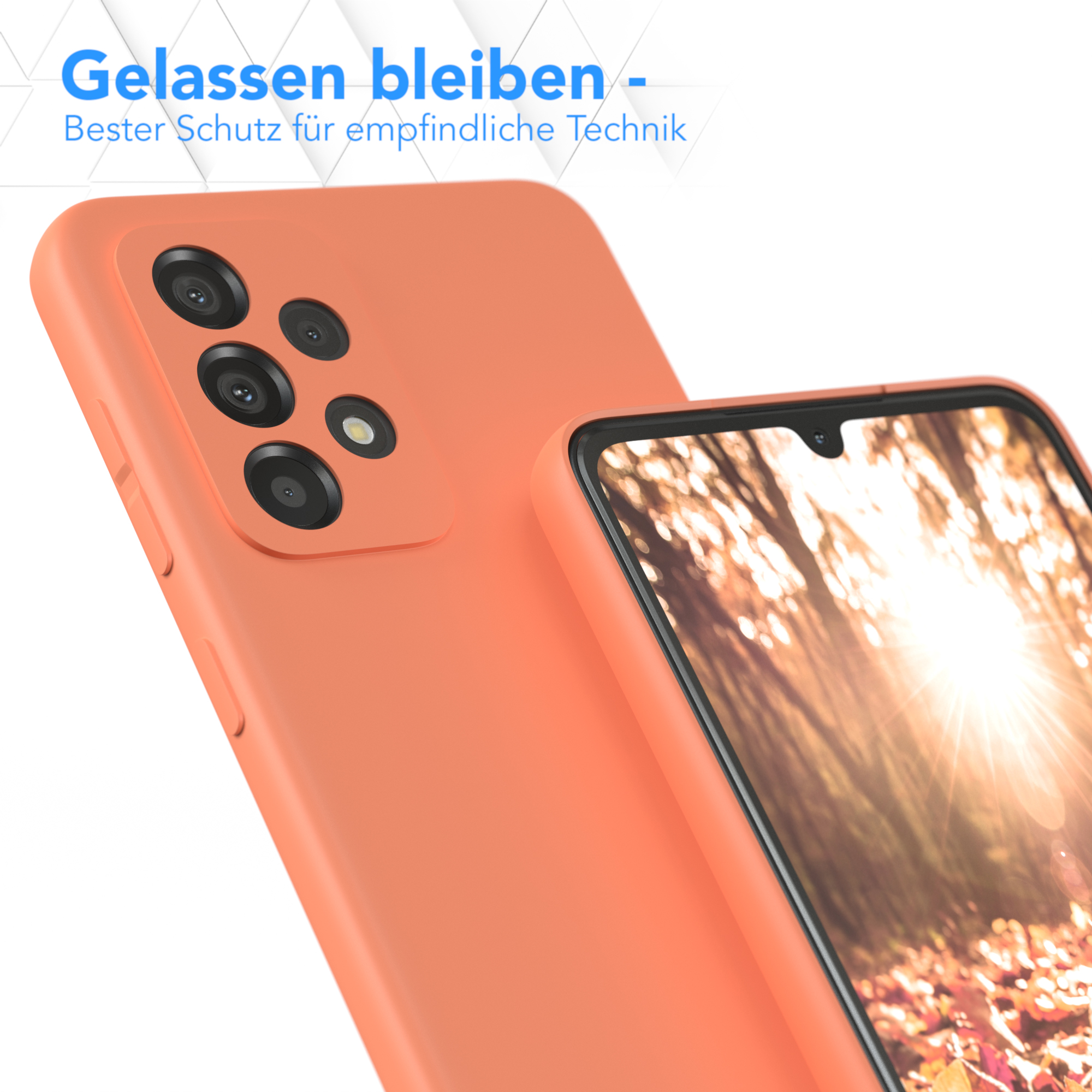 Orangene Handyhülle mit Telefon darin. Das Telefon hat den Bildschirm an. Der Text "Gelassen bleiben" steht oben.