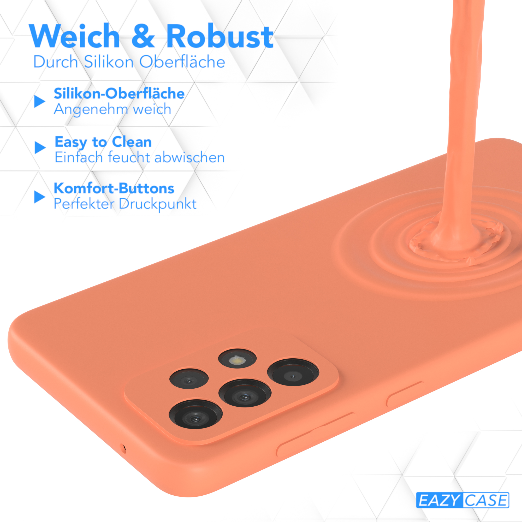 Ein Telefongehäuse wird mit Flüssigkeit in Orange über eine helle Oberfläche gegossen, mit deutschem Text.