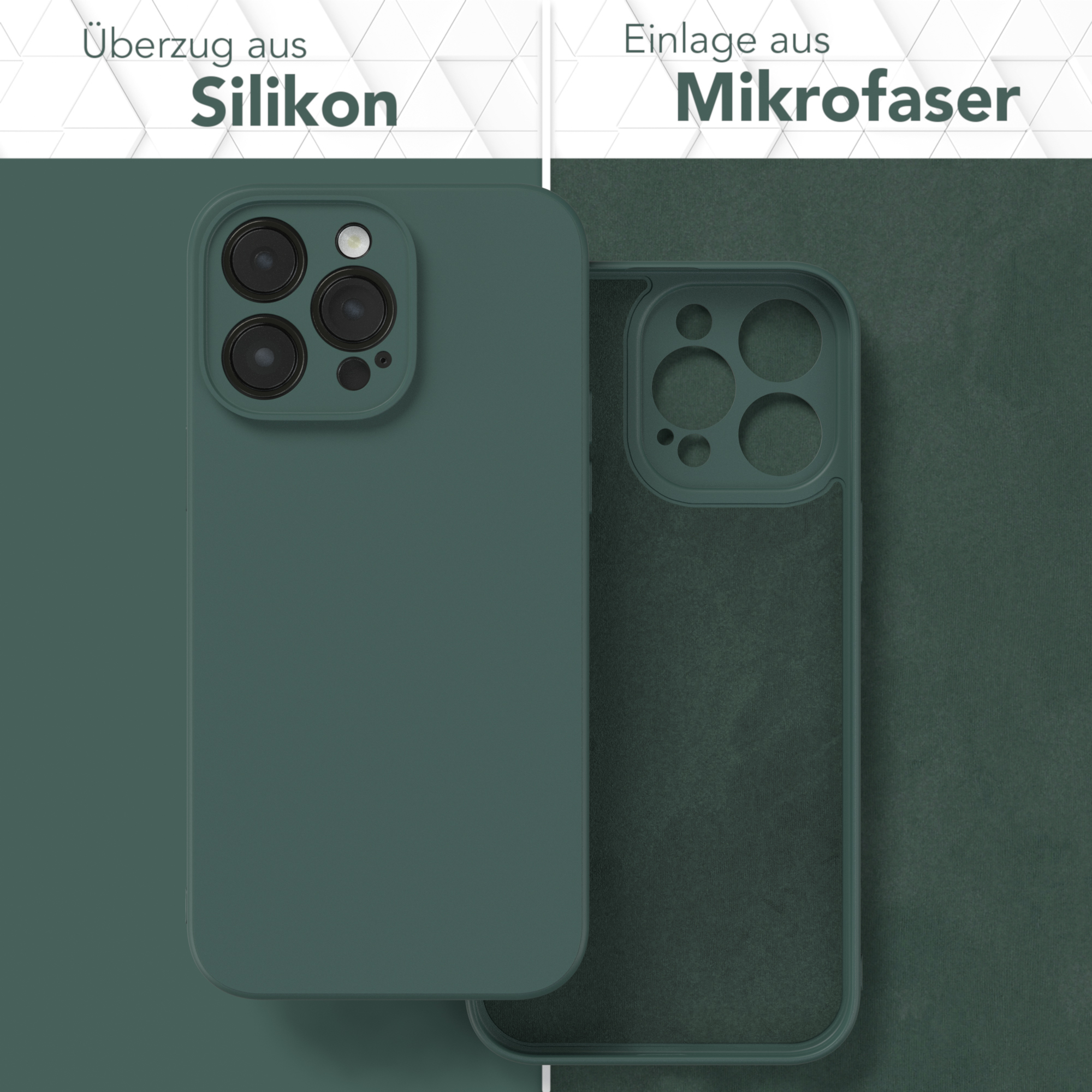 Zwei Handyhüllen, eine dunkelgrüne und die andere innen. Der Text links lautet Silikon und rechts Mikrofaser.