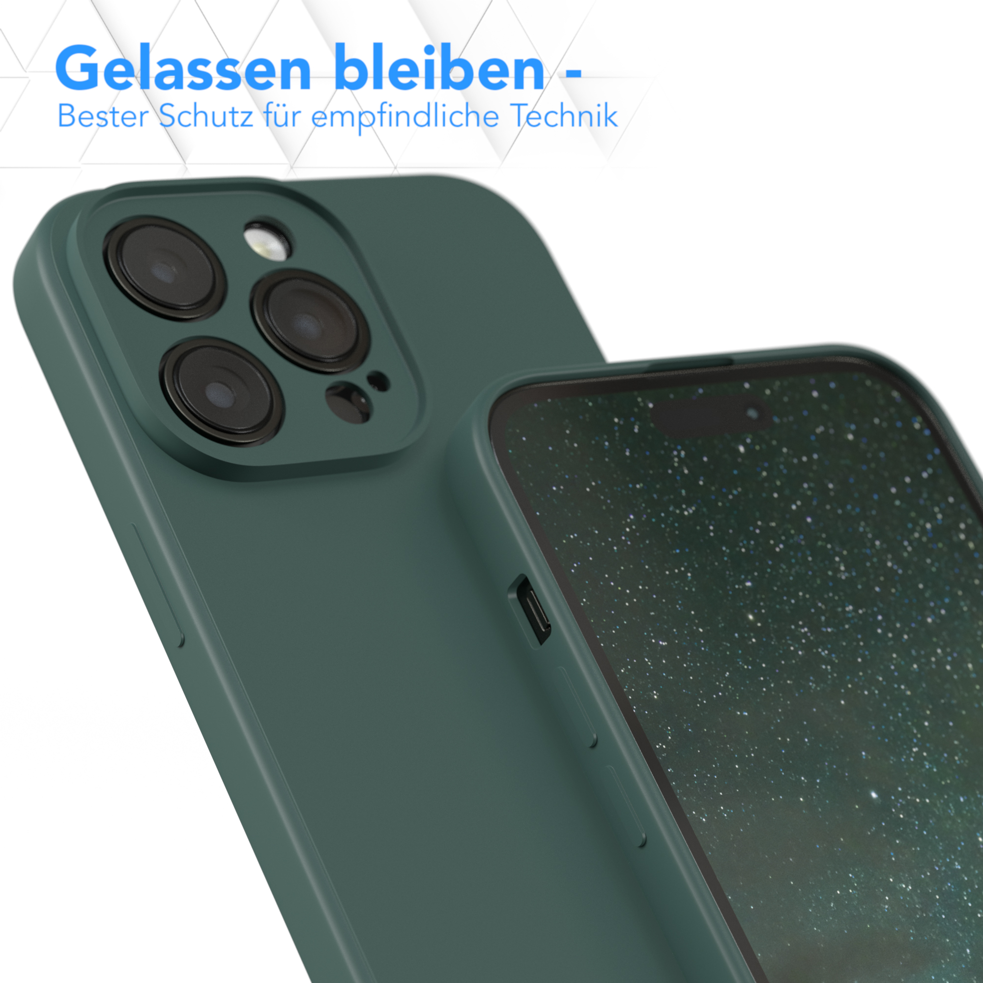 Grüne Telefonhülle mit einem Telefon. Text: "Bleiben Sie ruhig - Bester Schutz für empfindliche Technologie."