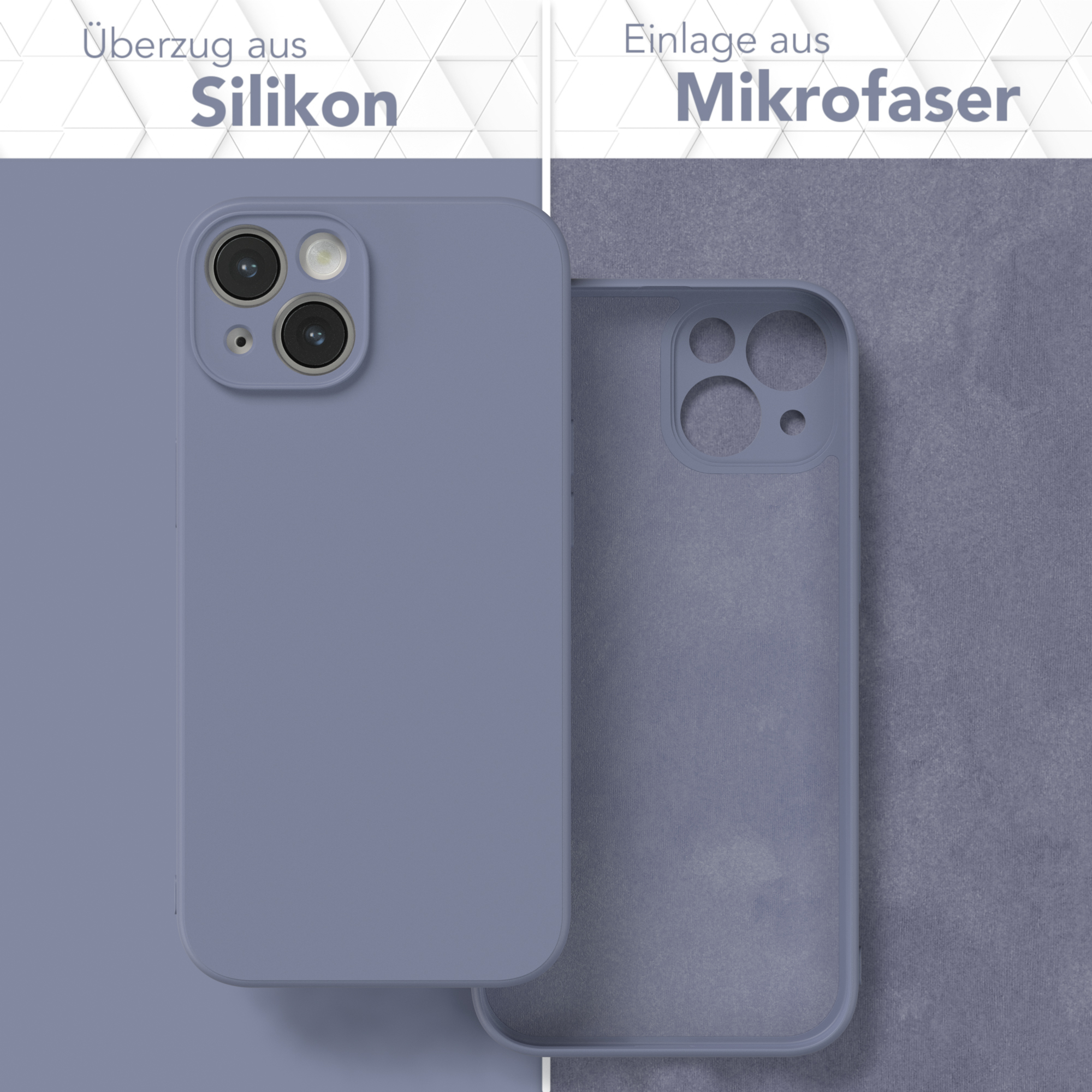 Handyhülle: graue Silikonhülle und Mikrofaser-Einsatz. Text auf Deutsch. Telefon nicht enthalten.