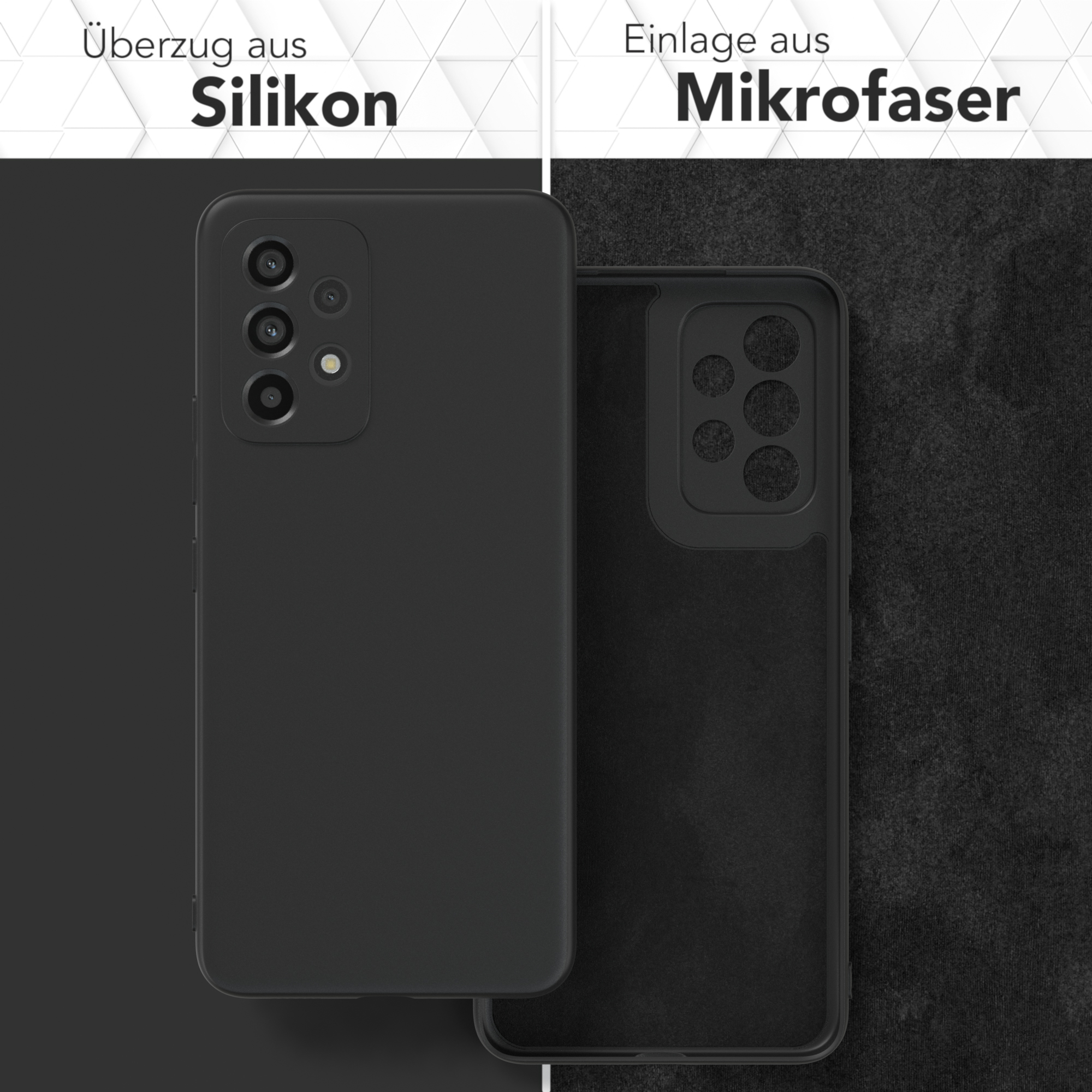 Schwarze Handyhülle mit Silikon außen und Mikrofaser innen, geöffnet gezeigt.