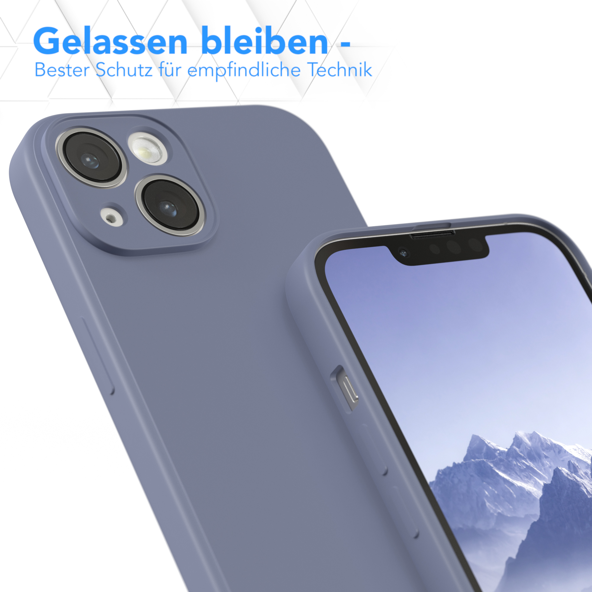 Nahaufnahme einer lila Handyhülle mit zwei Kameralinsen. Der Bildschirm zeigt eine Berglandschaft.