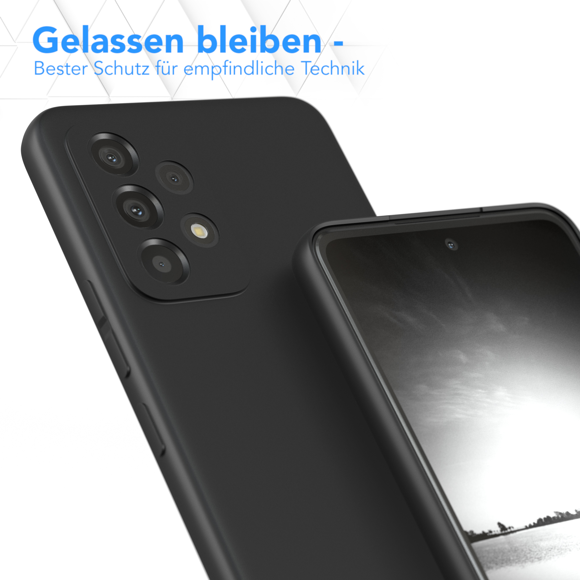 Zwei schwarze Handyhüllen, eine auf der Rückseite eines Telefons, die andere davor.