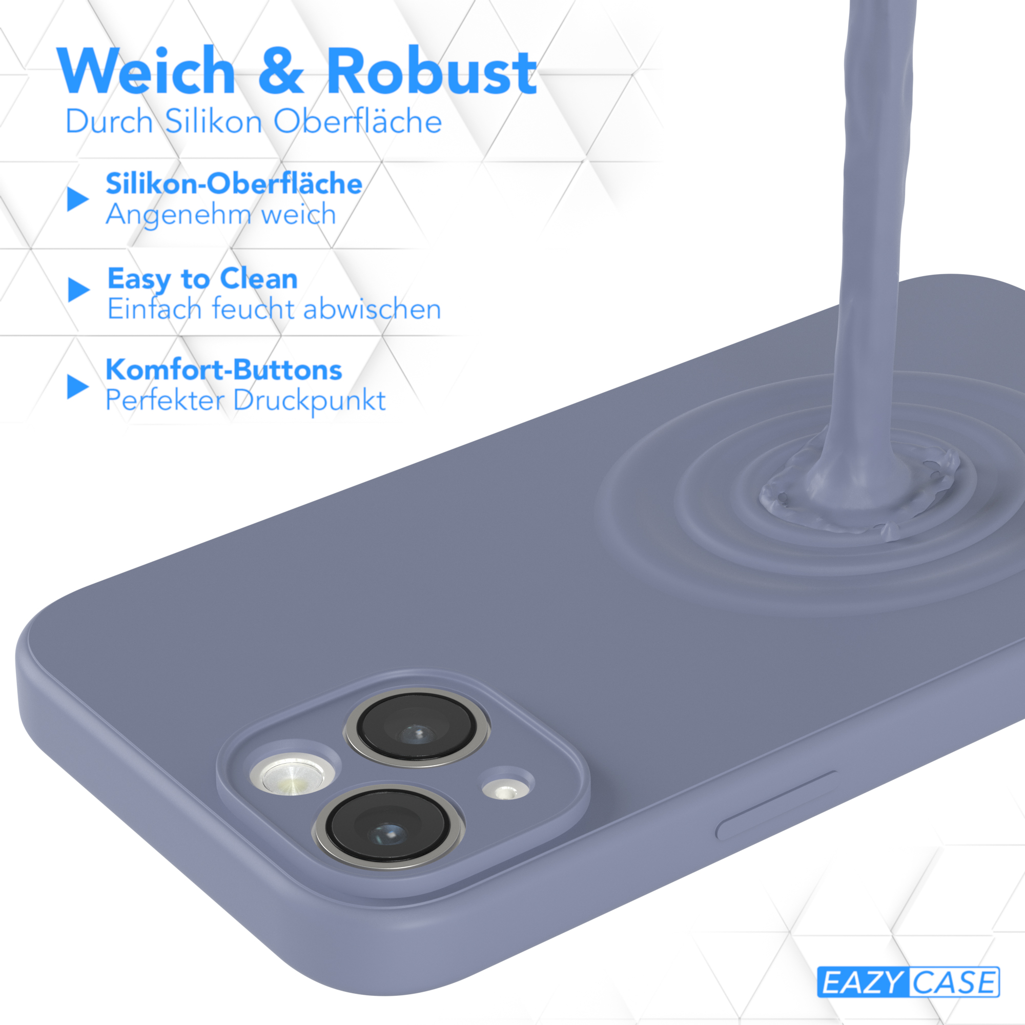 Blaue Handyhülle, mit Telefon und eine Flüssigkeit, die auf die Hülle gegossen wird.