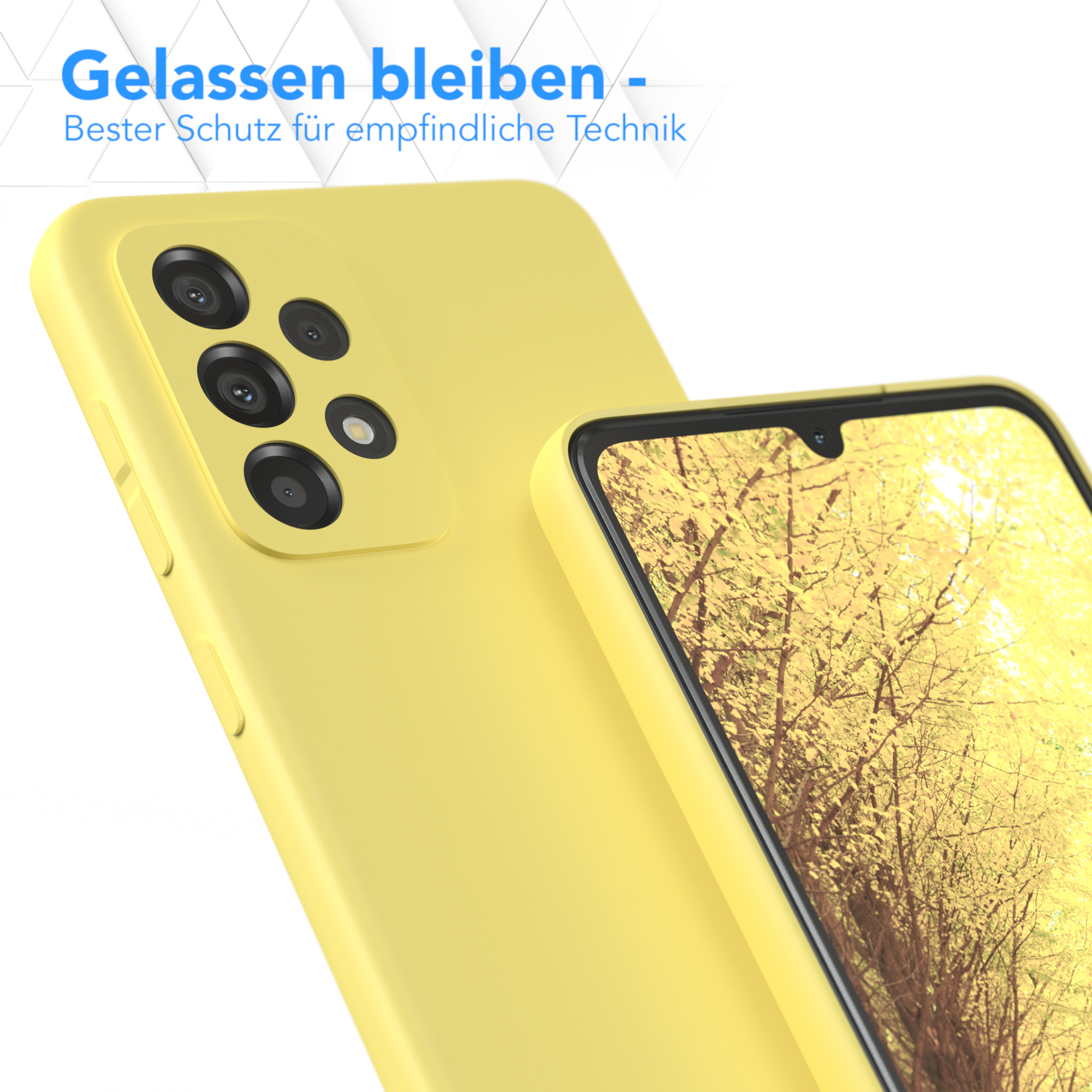 Gelbe Handyhülle mit Telefon darin. Der Hintergrund zeigt die Rückseite einer anderen Handyhülle.