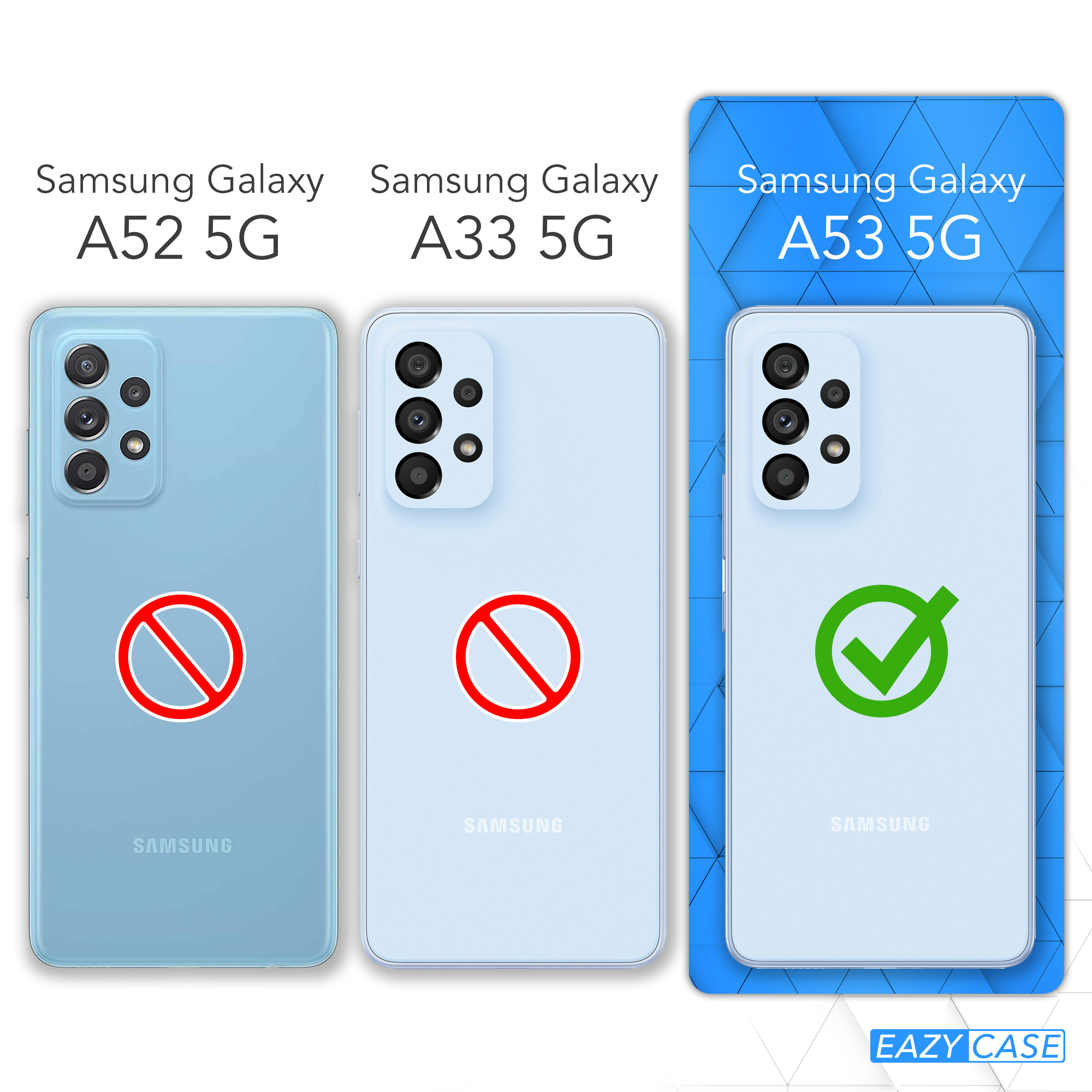 Drei Telefone, Samsung A52 5G, A33 5G und A53 5G, mit Häkchen auf dem A53 5G.