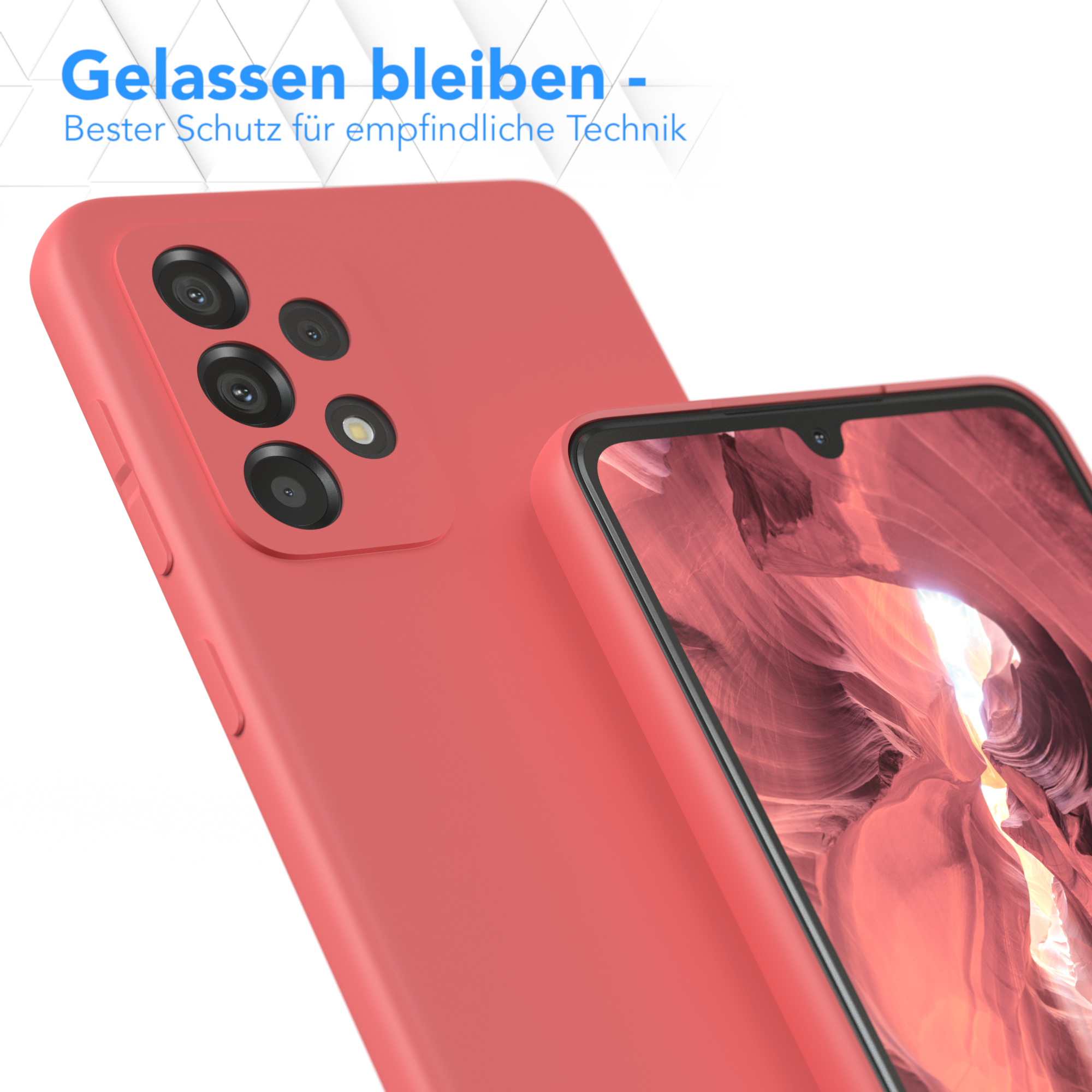 Nahaufnahme einer roten Handyhülle auf weißem Hintergrund, mit dem Telefon darin.