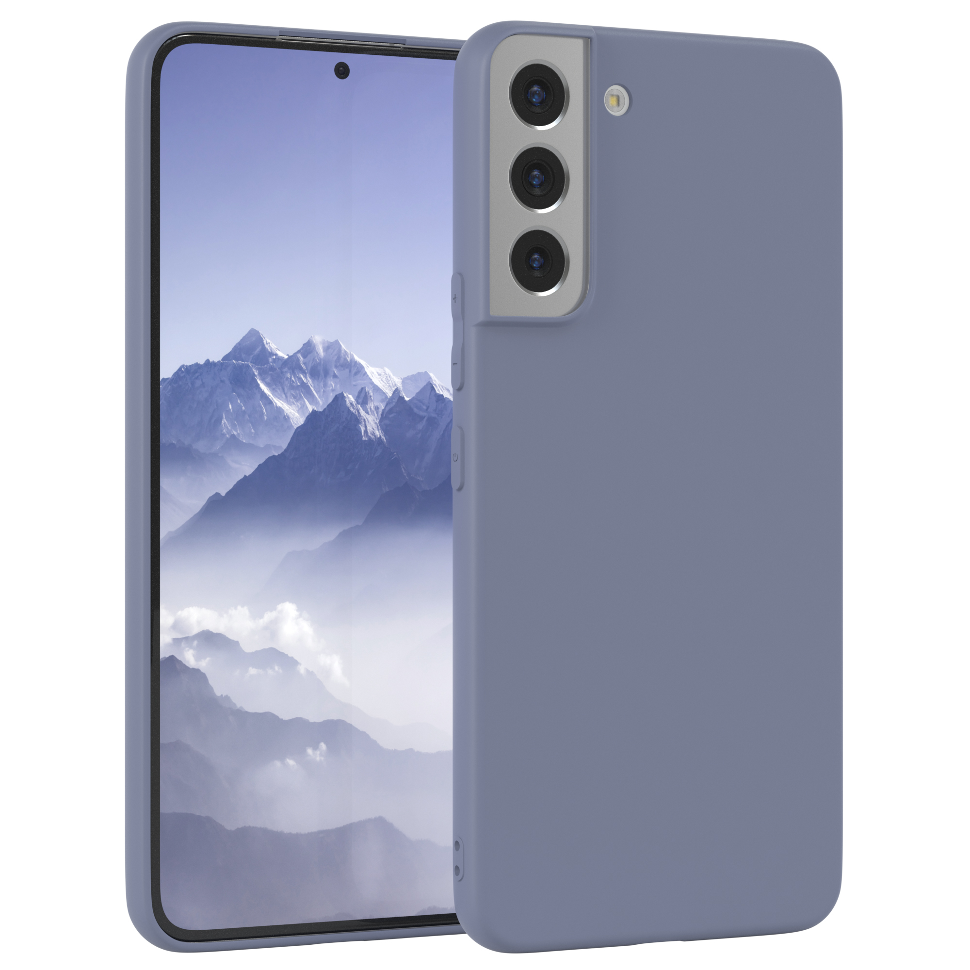 Blaue Handyhülle mit Telefon, das eine Landschaft mit Bäumen und blauem Himmel zeigt.