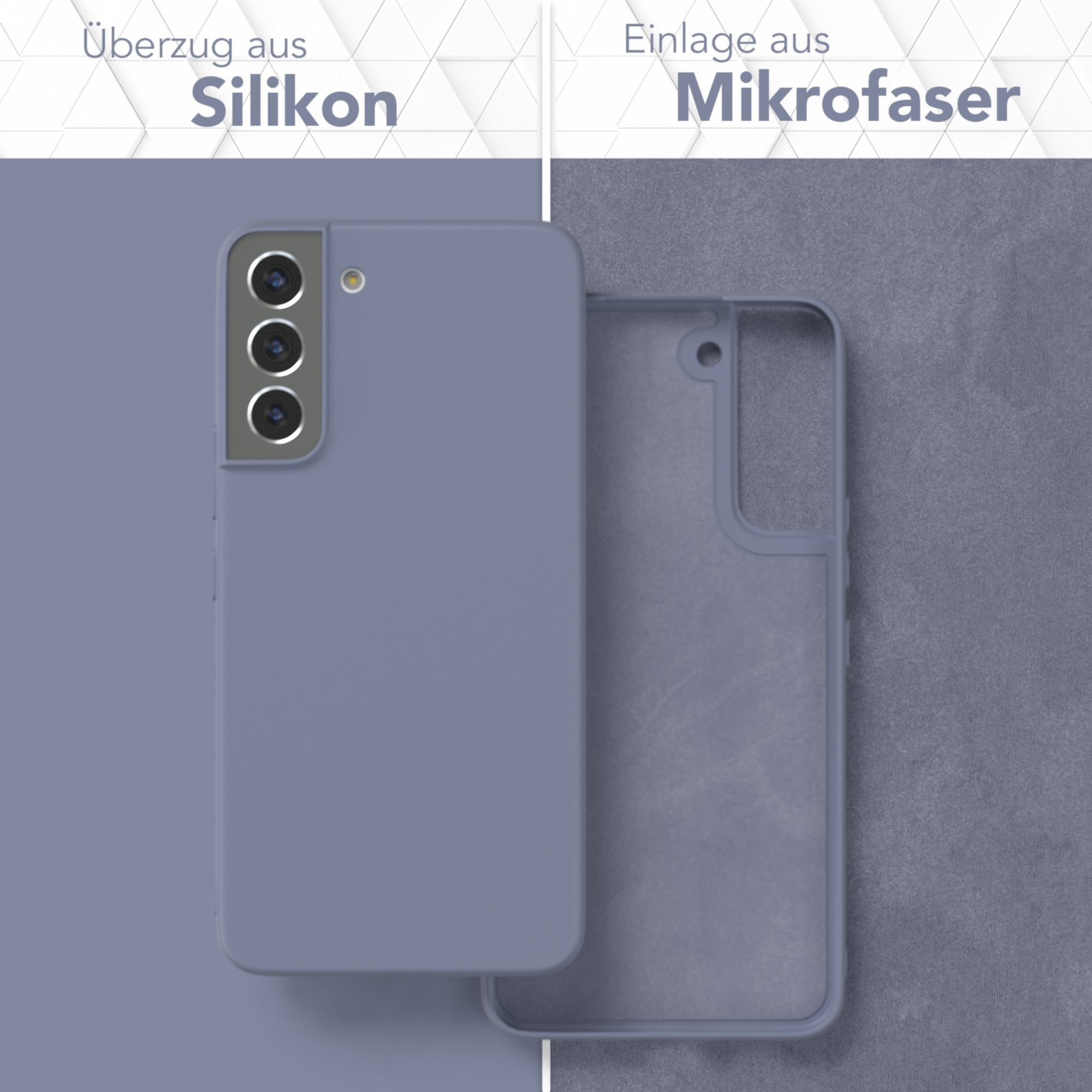 Blaue Handyhülle mit offener Rückseite, außen Silikon, innen Mikrofaser. Text: Silikon, Mikrofaser.