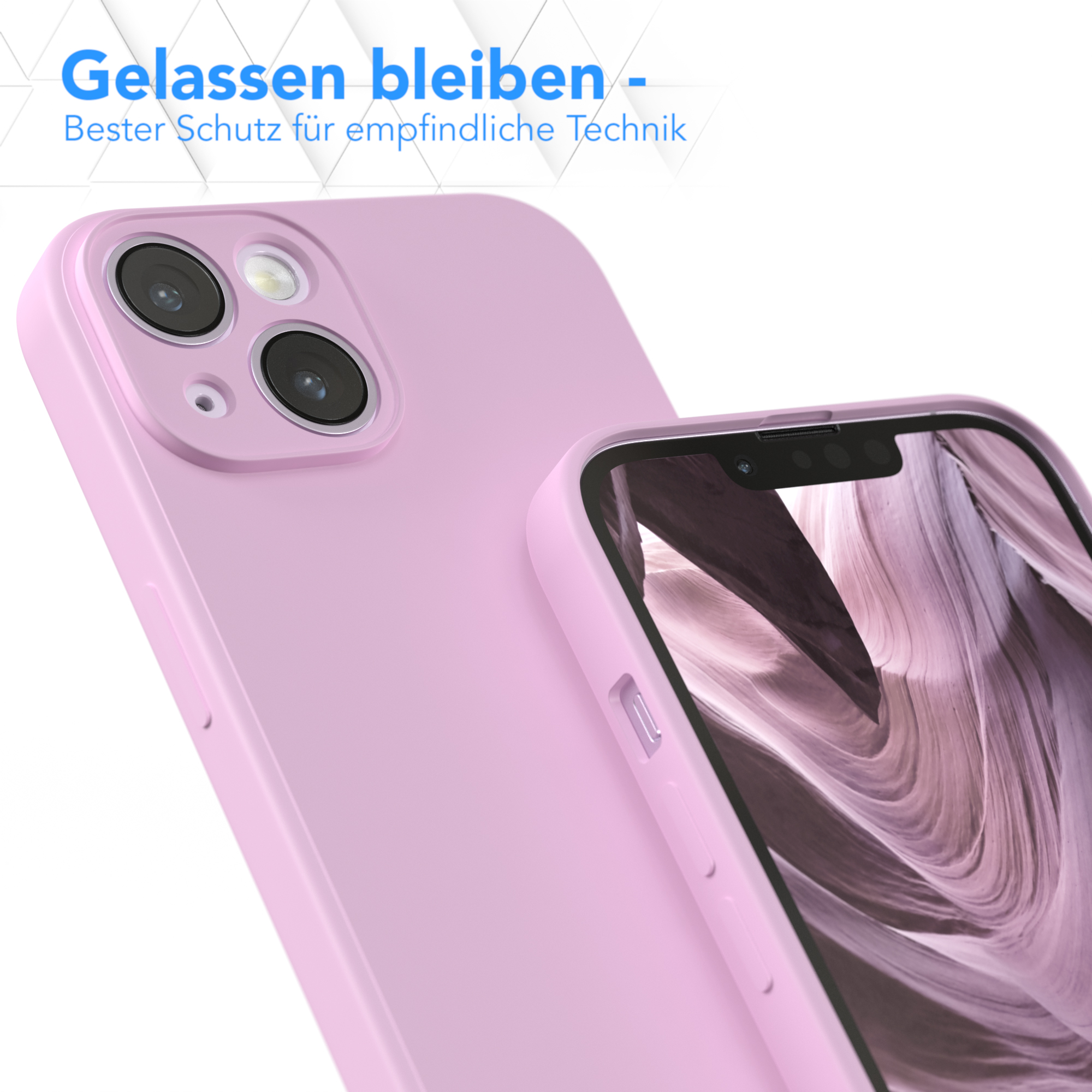 Nahaufnahme einer rosa Handyhülle mit zwei Kameralinsen. Der Bildschirm zeigt ein rosa getöntes Bild.