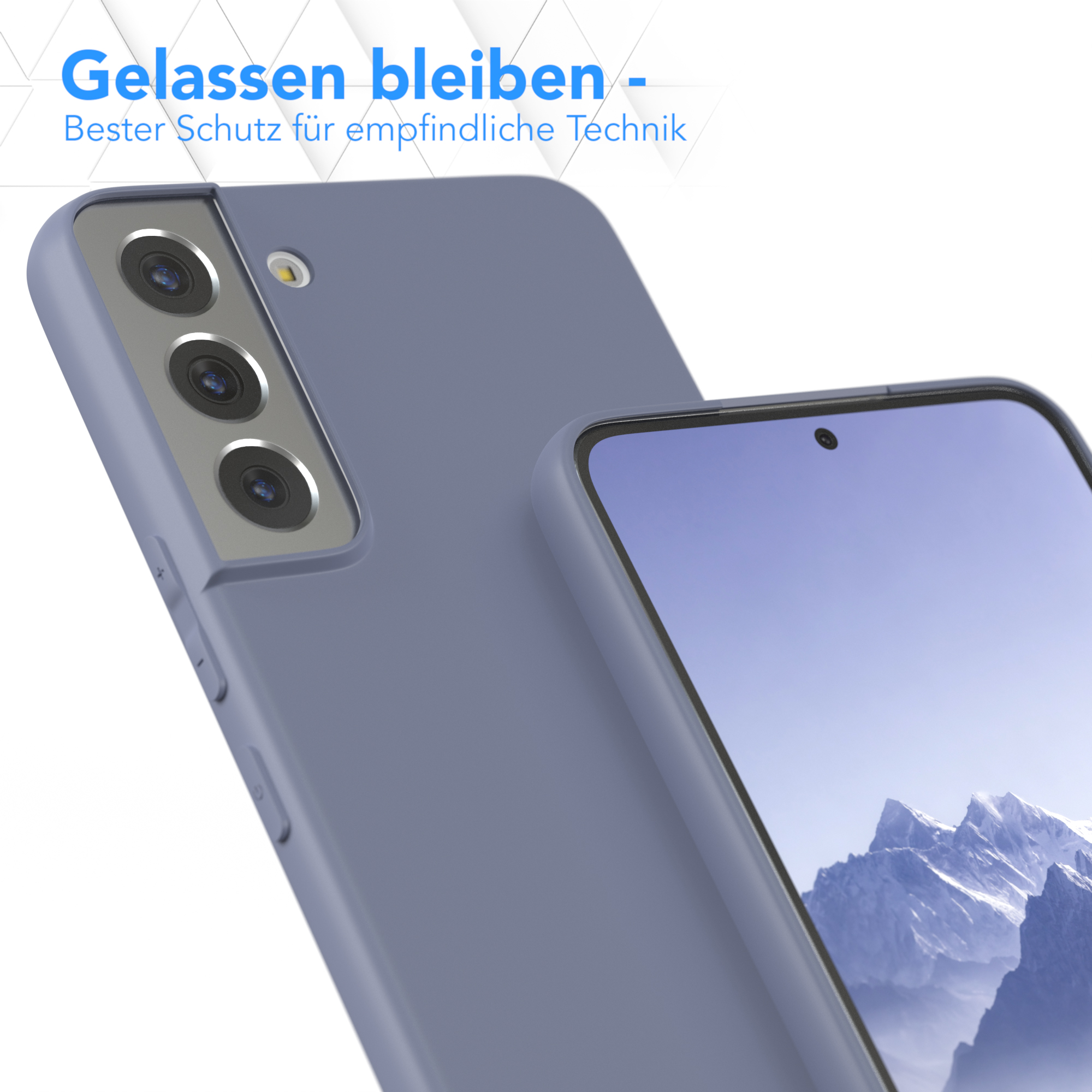 Zwei blaue Handyhüllen, eine im Fokus. Text: Bleib ruhig - Bester Schutz für empfindliche Technik.