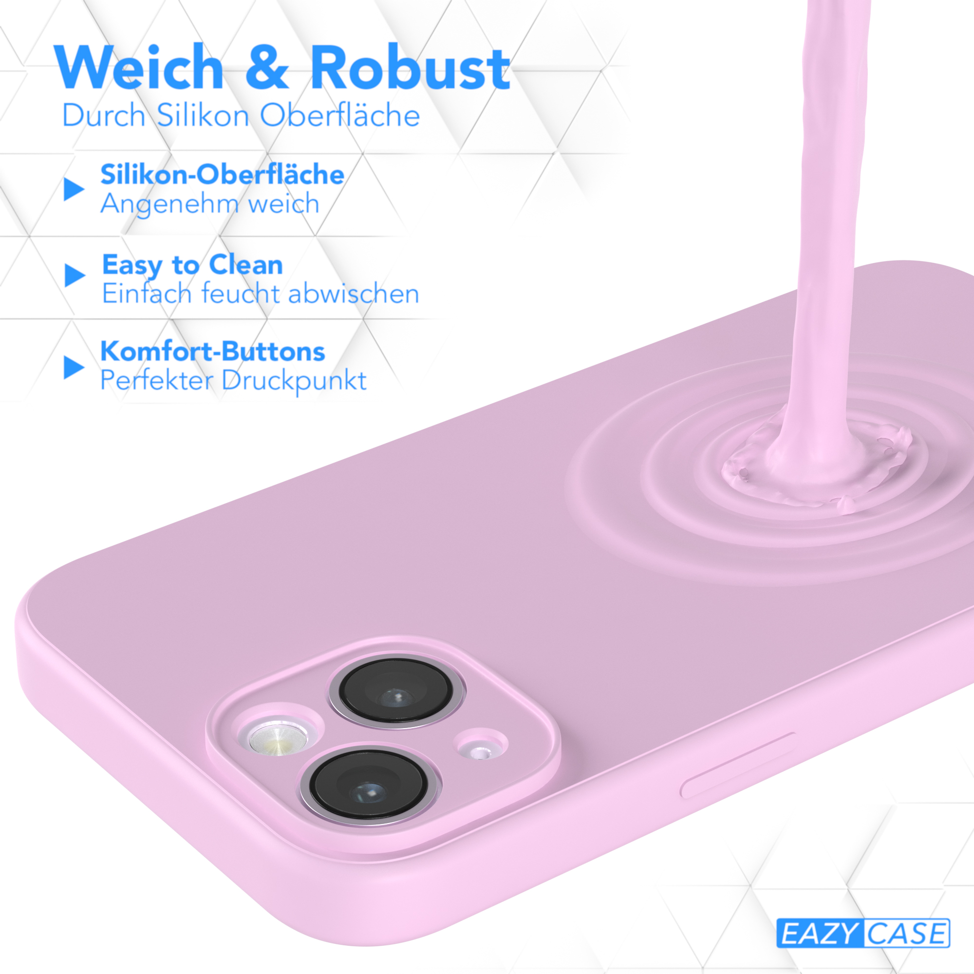 Eine rosa Handyhülle, mit rosa Flüssigkeit, die von oben darauf gegossen wird. Text oben.