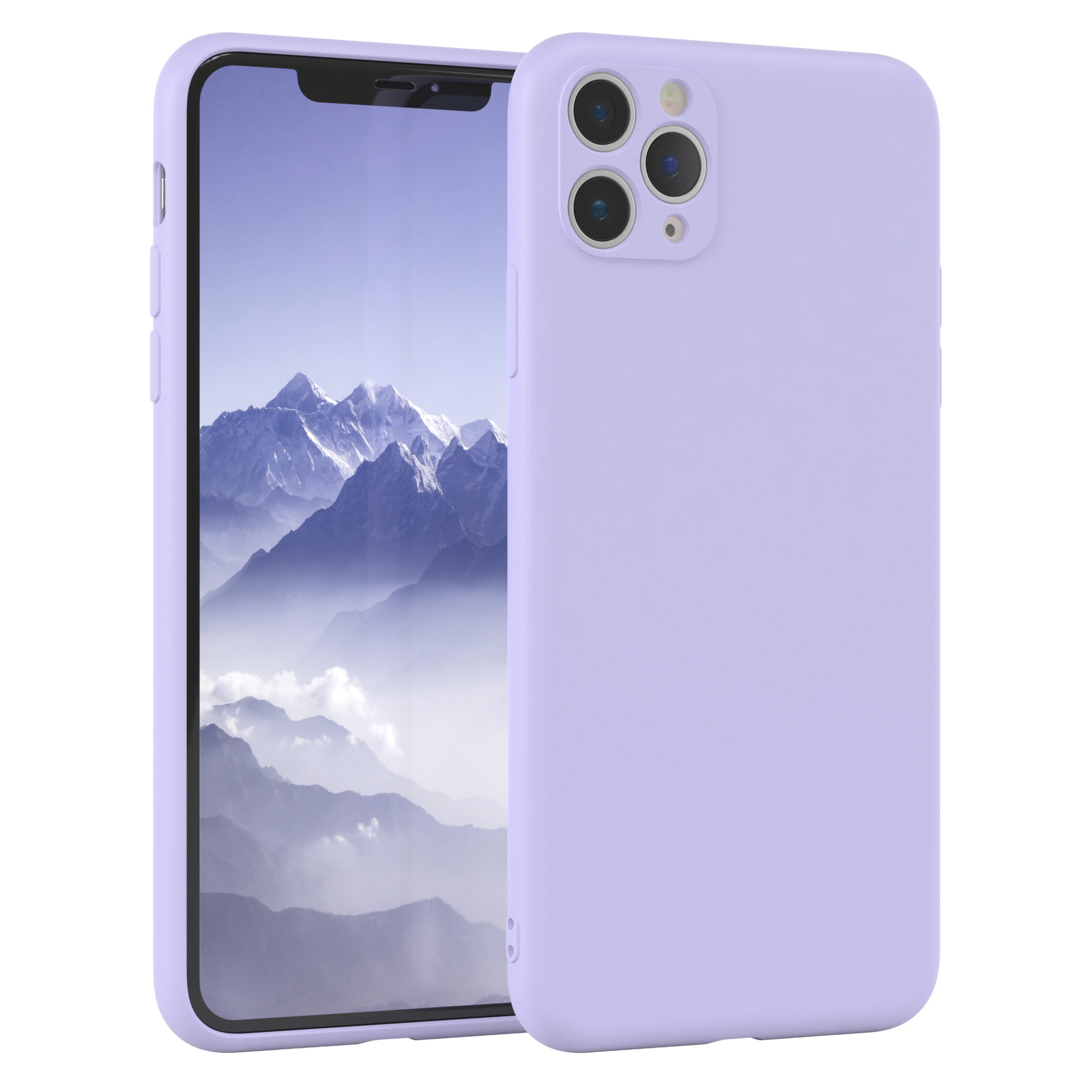 Lila Handyhülle mit Telefon. Berge im Hintergrund.