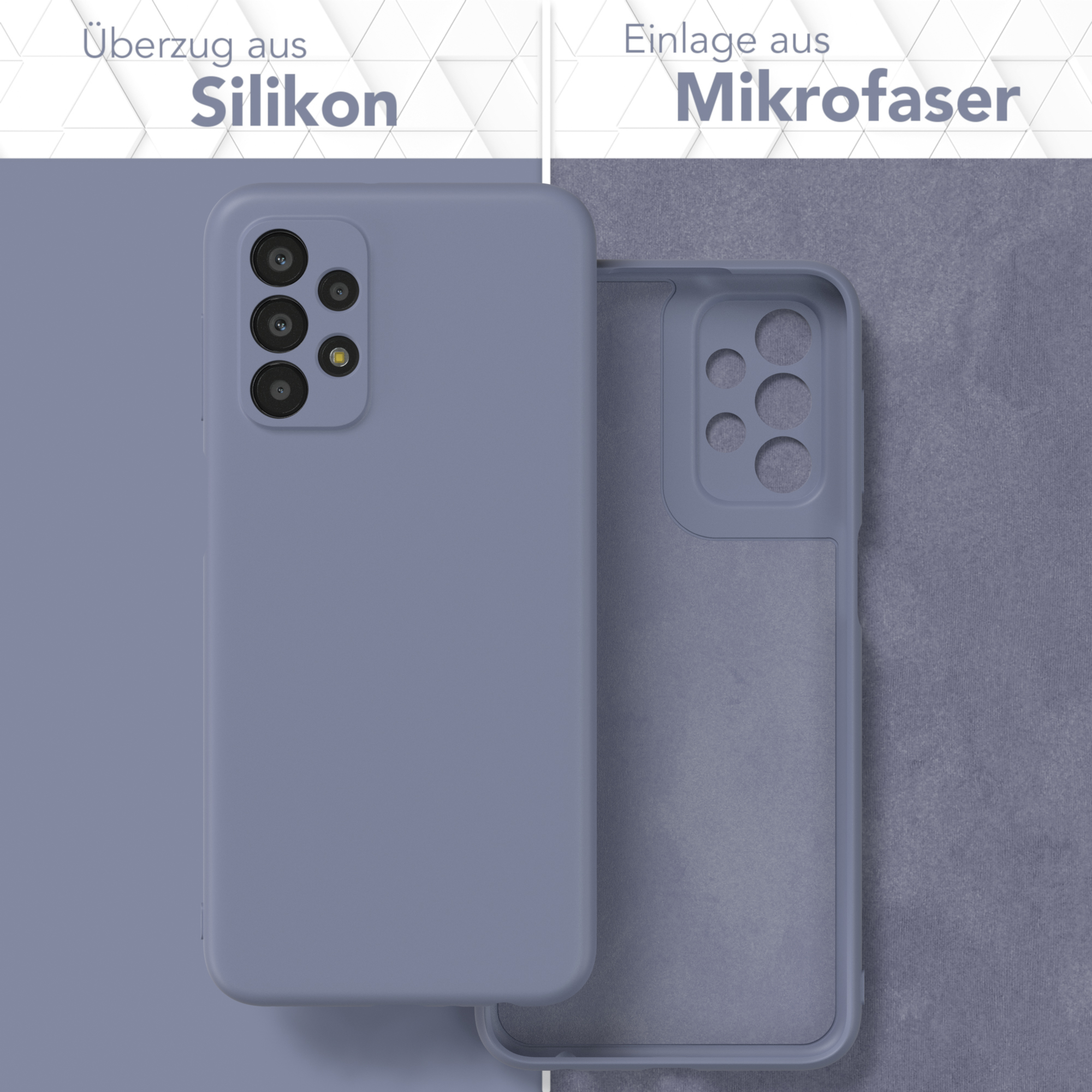 Zwei Handyhüllen, eine ist auf links gedreht. Die Handyhülle besteht aus Silikon und Mikrofaser.