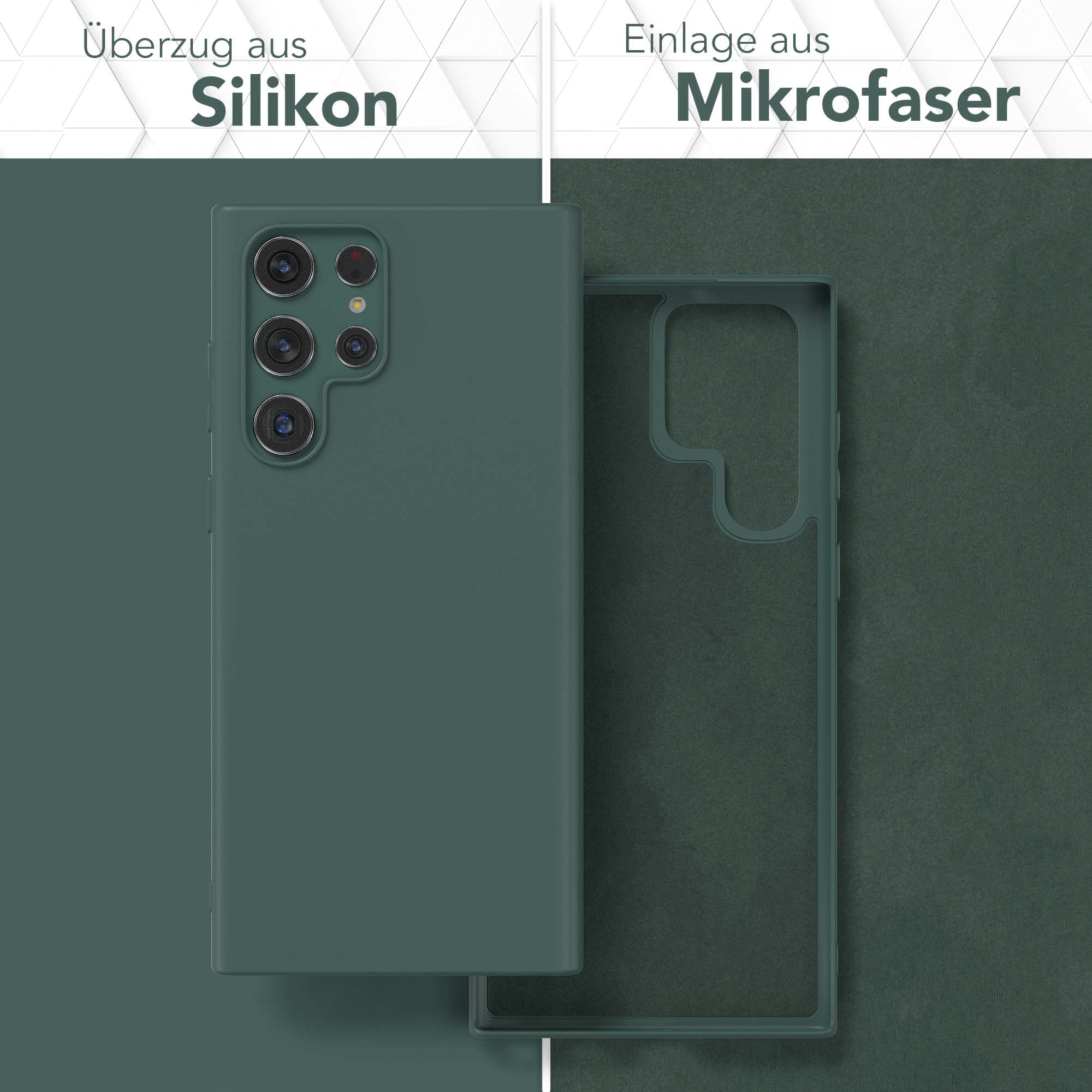 Grüne Handyhülle. Obere Hälfte ist Silikon mit Kameraausschnitten. Untere Hälfte ist Mikrofaser.