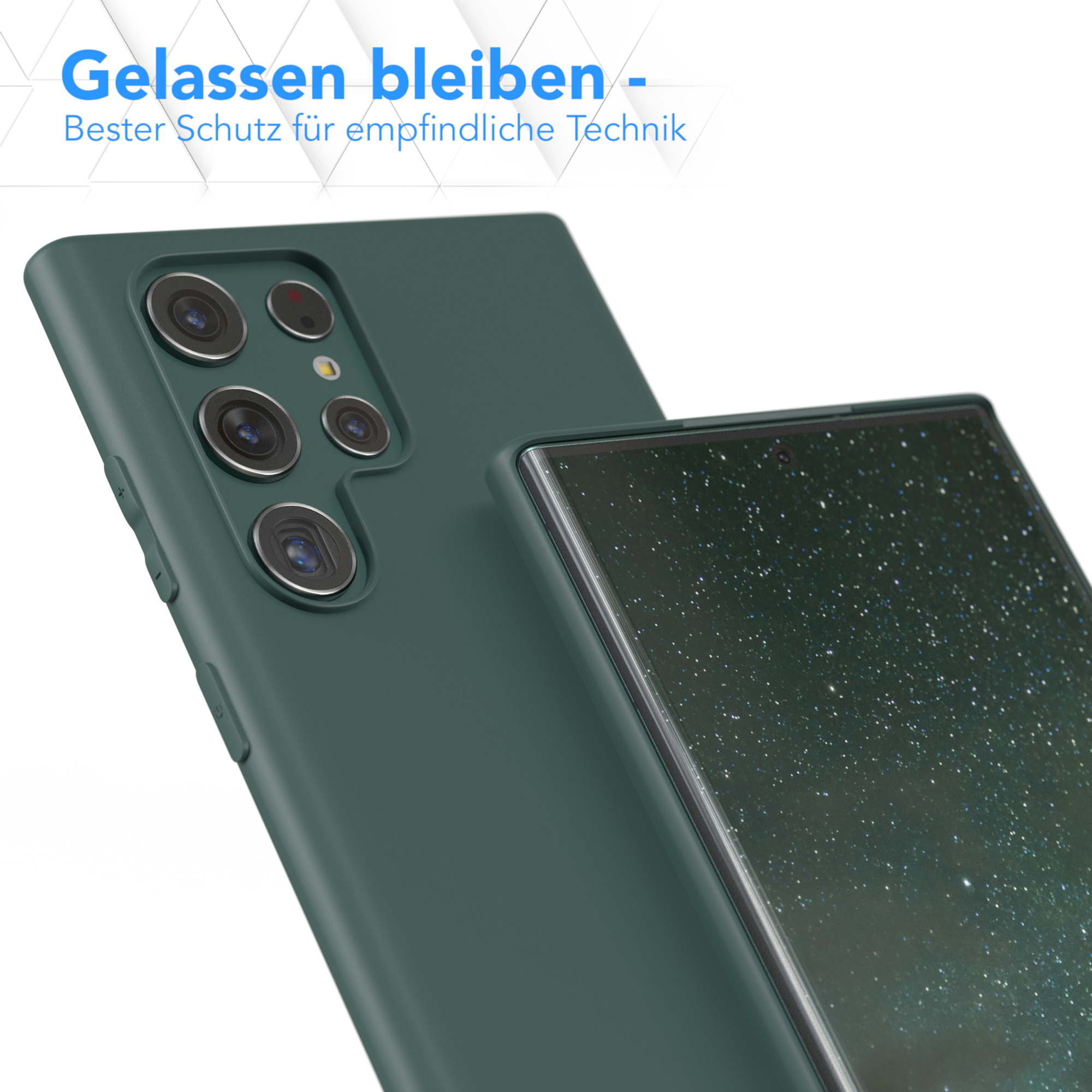 Grüne Handyhülle auf einem dunklen Telefon. Text oben: Gelassen bleiben. Bester Schutz für empfindliche Technik.