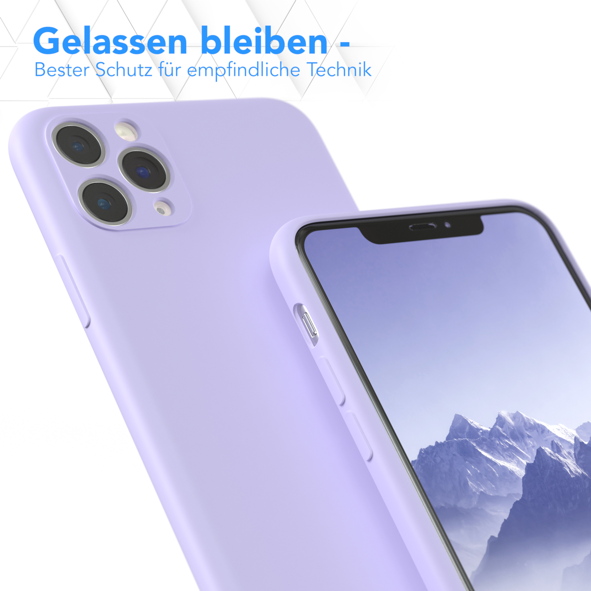 Ein lila Handy und ein Telefon sind abgebildet, mit einer Berglandschaft auf dem Bildschirm. Text oben.