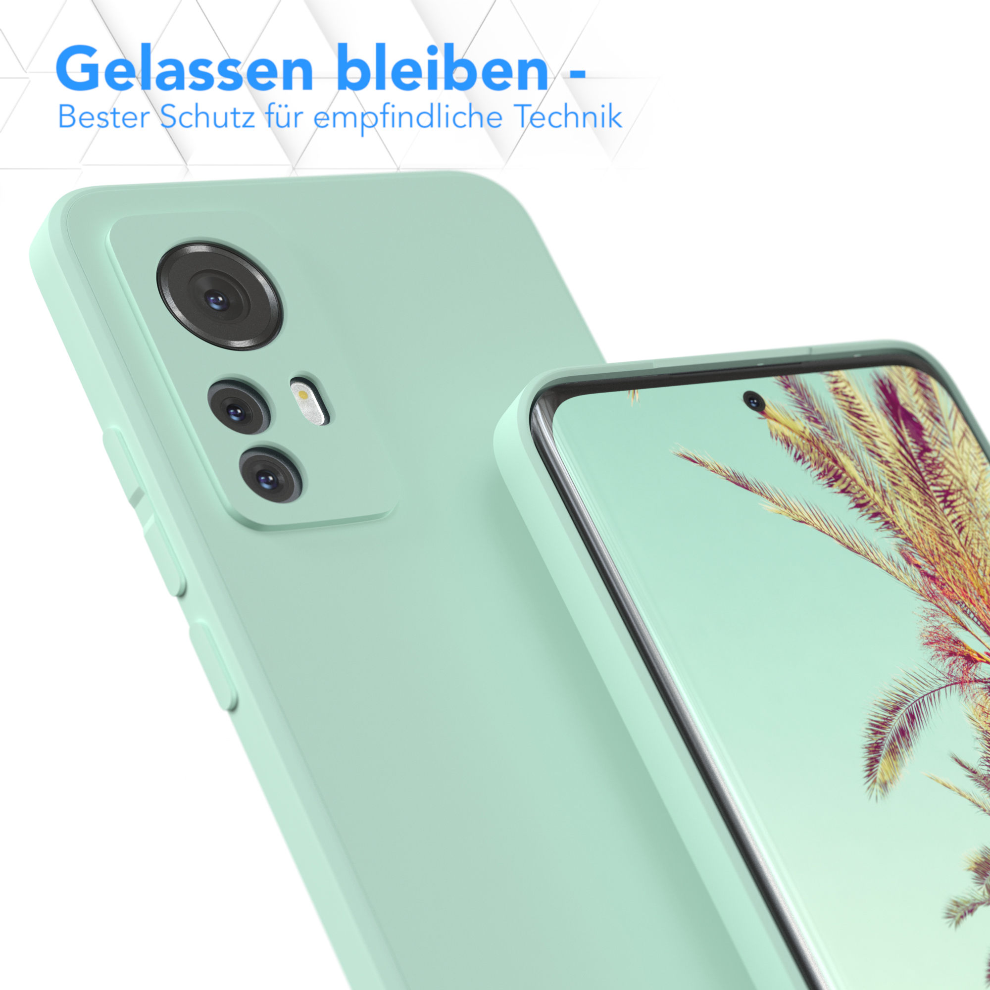 Minzgrüne Handyhülle mit Telefon darin. Fokus auf Hülle und Telefon.