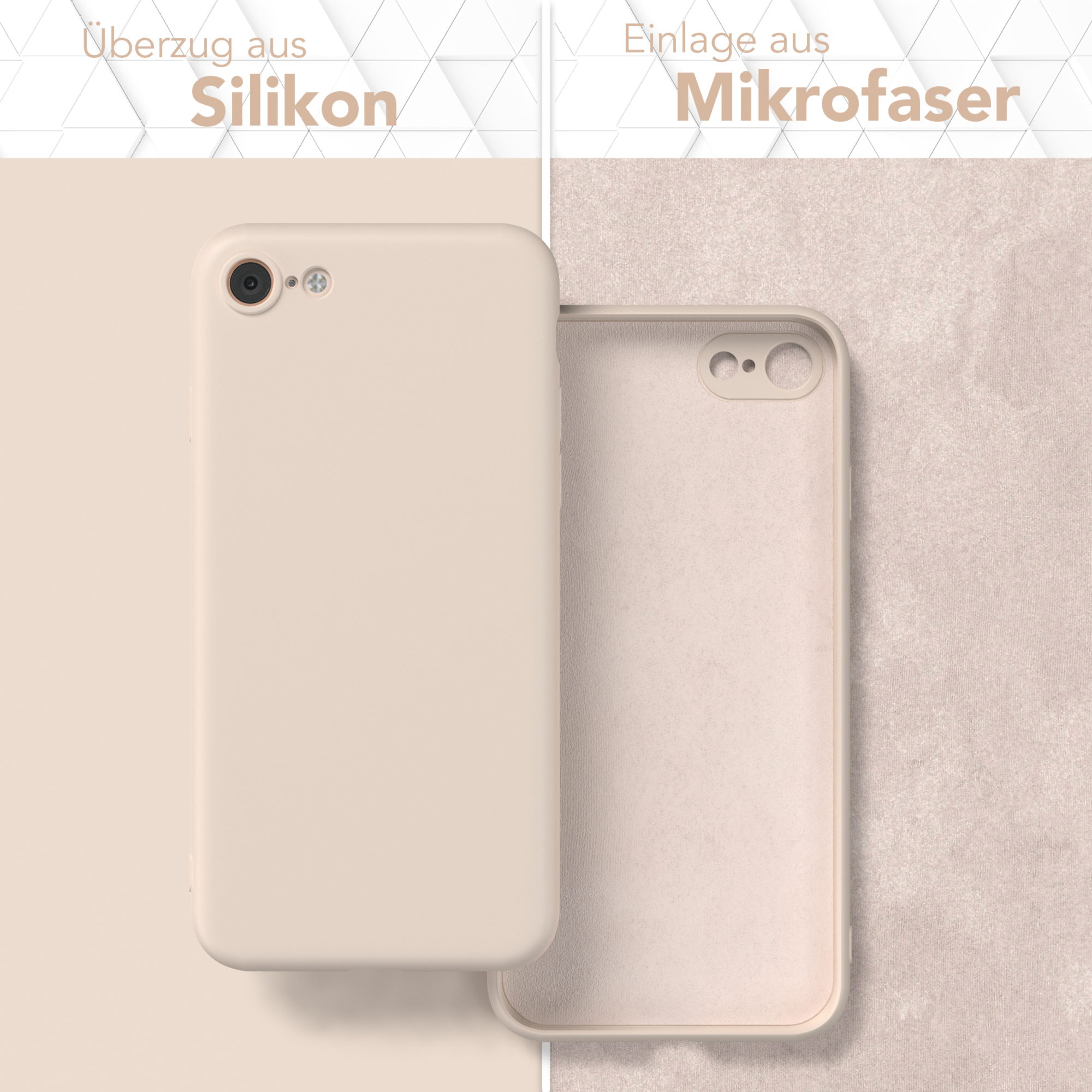 Eine Telefonhülle, geöffnet, mit Silikon außen und Mikrofaser innen, auf beigem Untergrund.