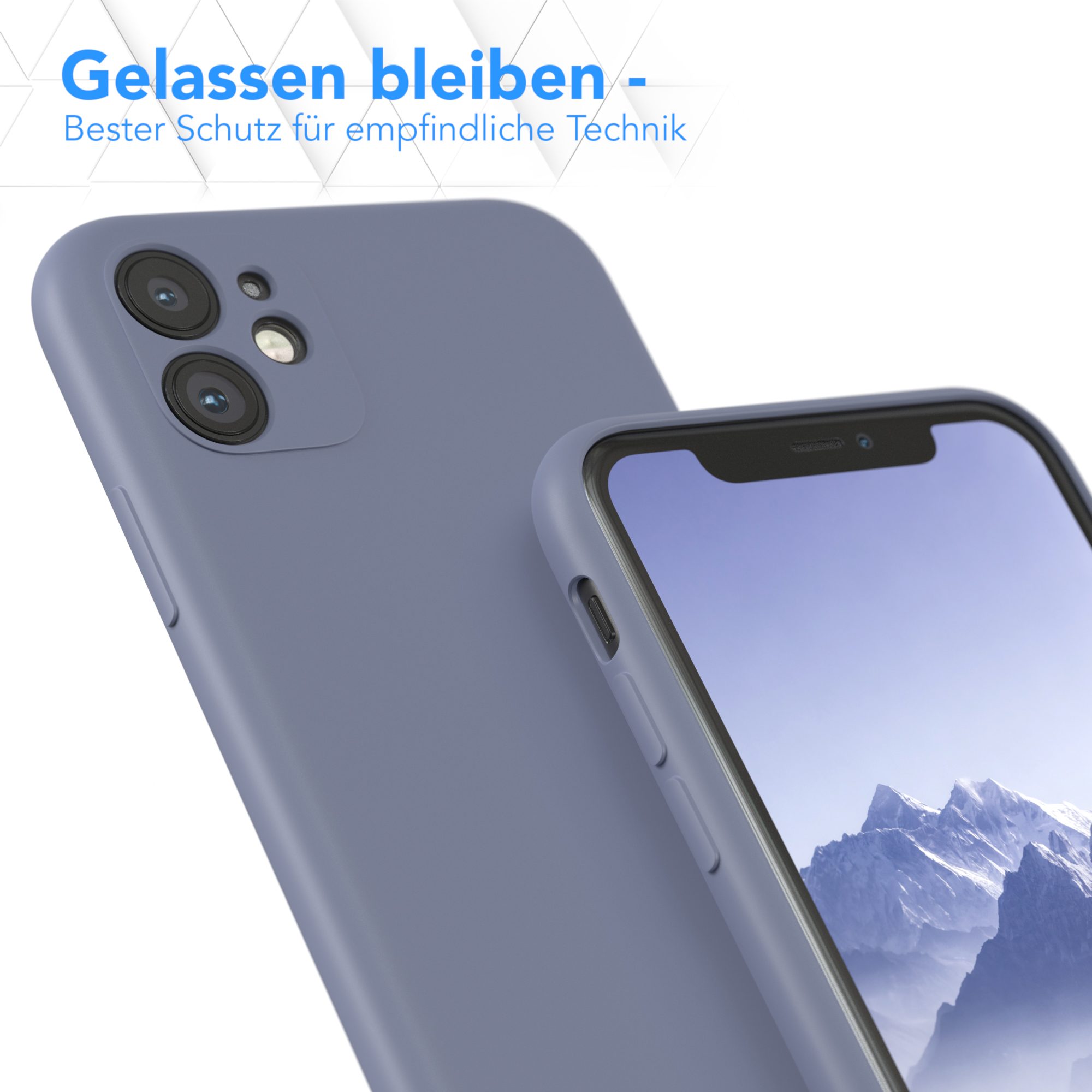 Eine blaue Handyhülle mit Telefon, Rückseite, mit eingeschaltetem Bildschirm.