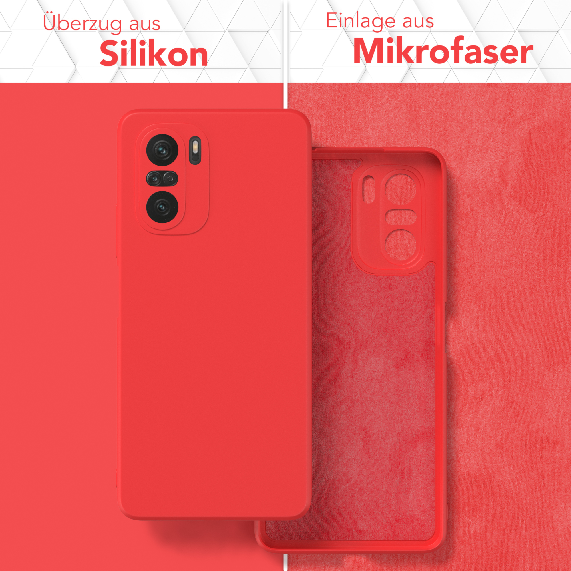 Eine rote Handyhülle mit Silikon außen und Mikrofaser innen, die Materialien werden hervorgehoben.