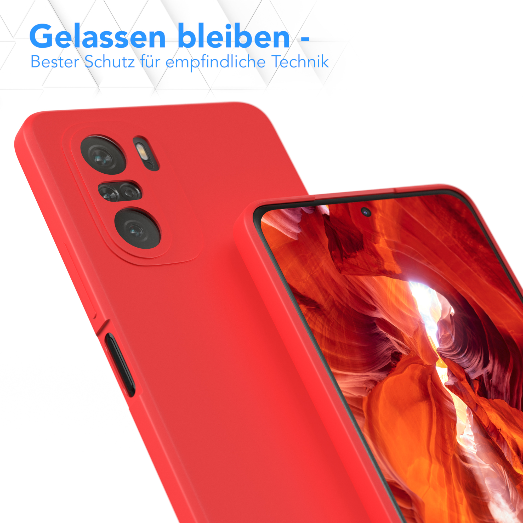 Zwei rote Handyhüllen, eine im Fokus, die andere unscharf, vor weißem Hintergrund.