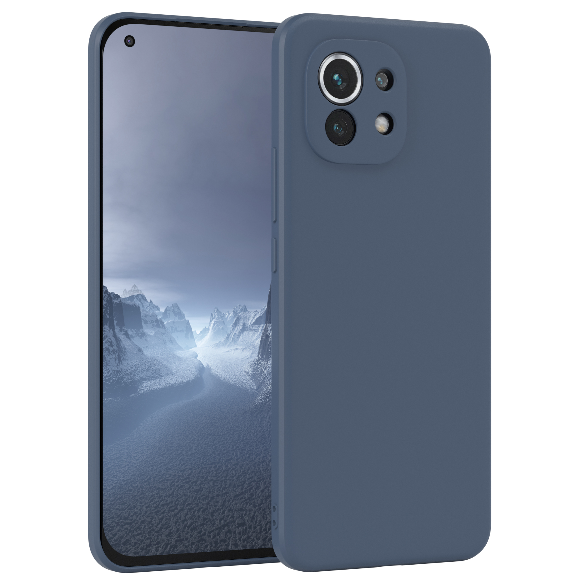 Blaue Handyhülle auf einem Telefon. Der Bildschirm zeigt eine Nahaufnahme des Telefons.